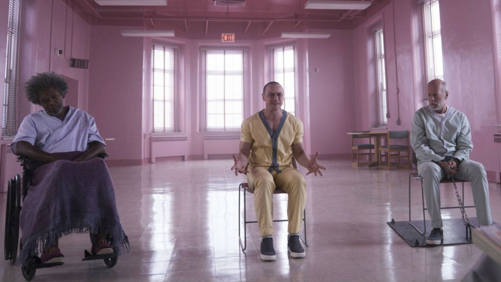 Samuel L. Jackson, James McAvoy y Bruce Wiilis en una imagen de 'Glass'.