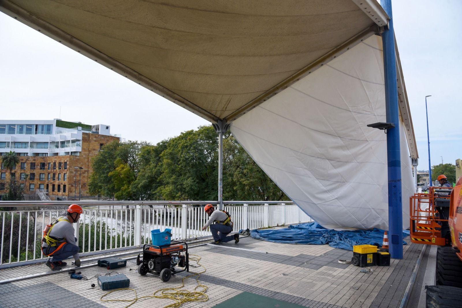 Así avanza el cambio de toldos del puente del Cachorro de Sevilla