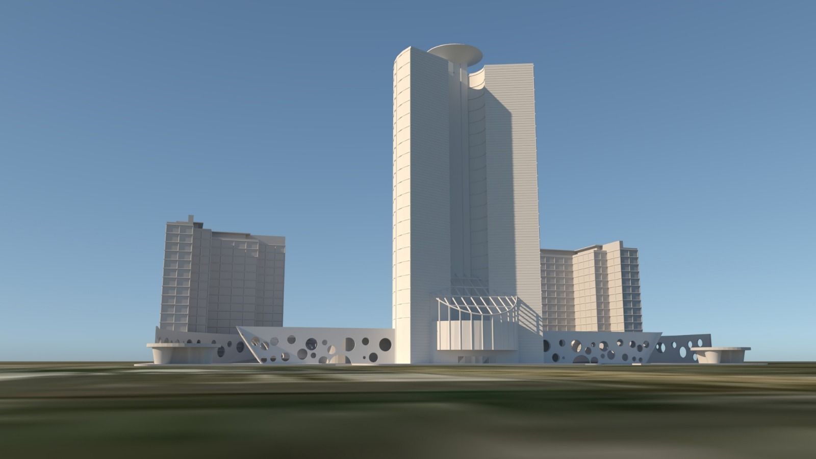 Diseño de hotel (torre central), y del complejo hospitalario