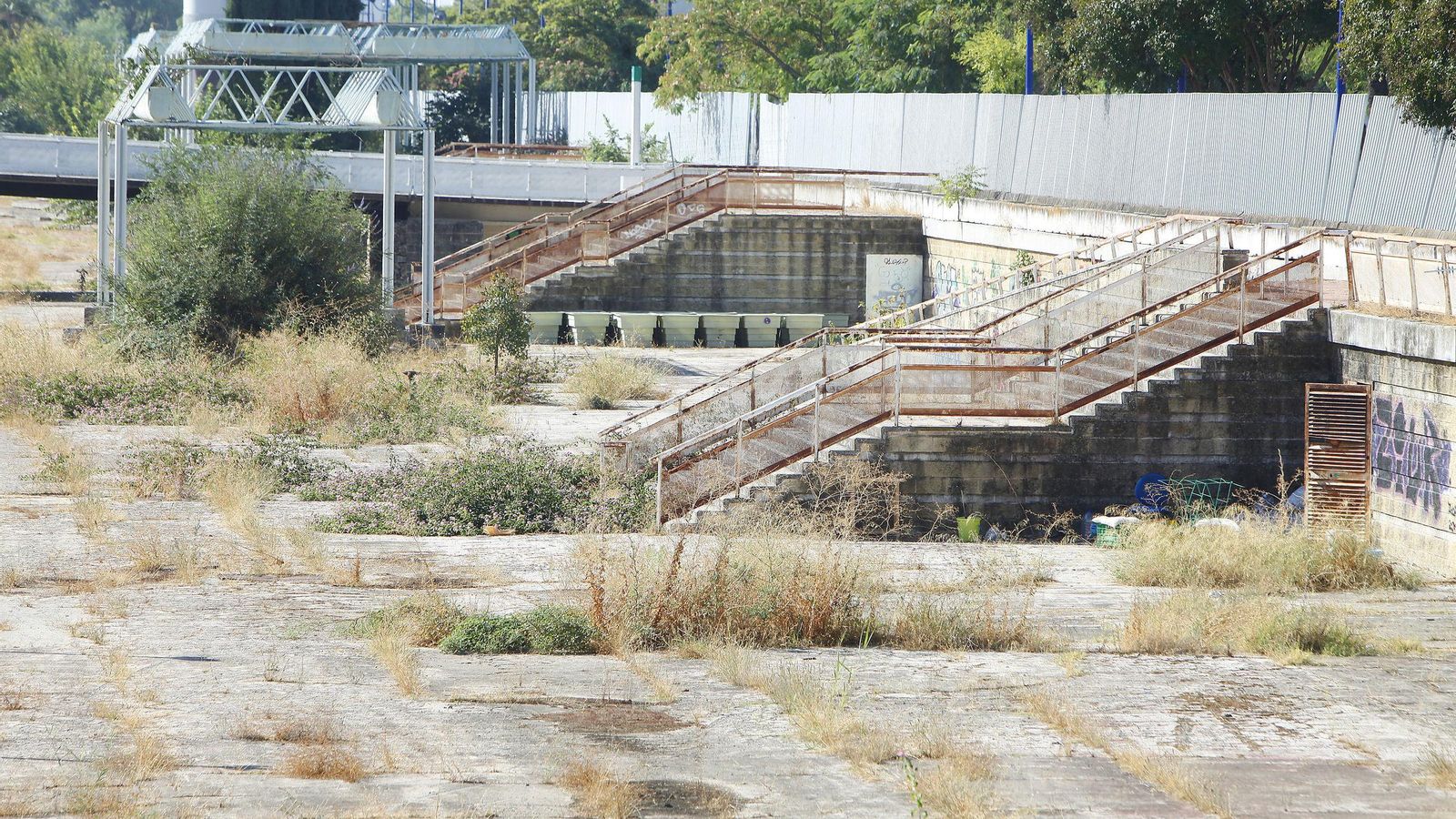 El cauce seco se encuentra repleto de hierva silvestre de gran altura y basura.