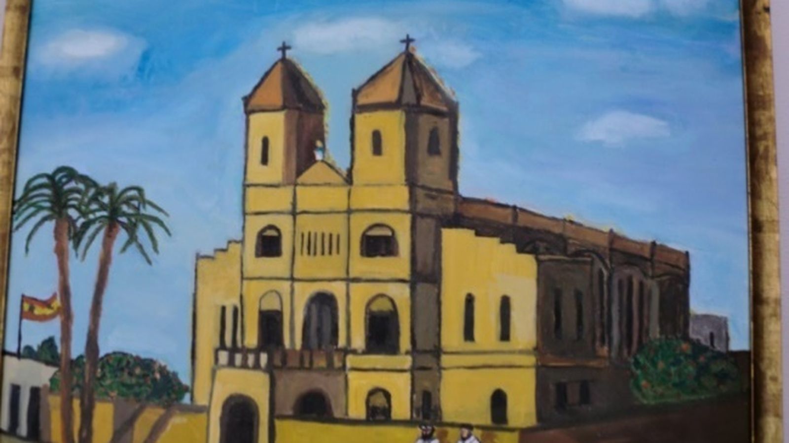 Iglesia de Santiago en Nador. Los de la Corona  participaron en la reconquista de Nador, 17-9-1921. Cuadro al óleo realizado por el autor