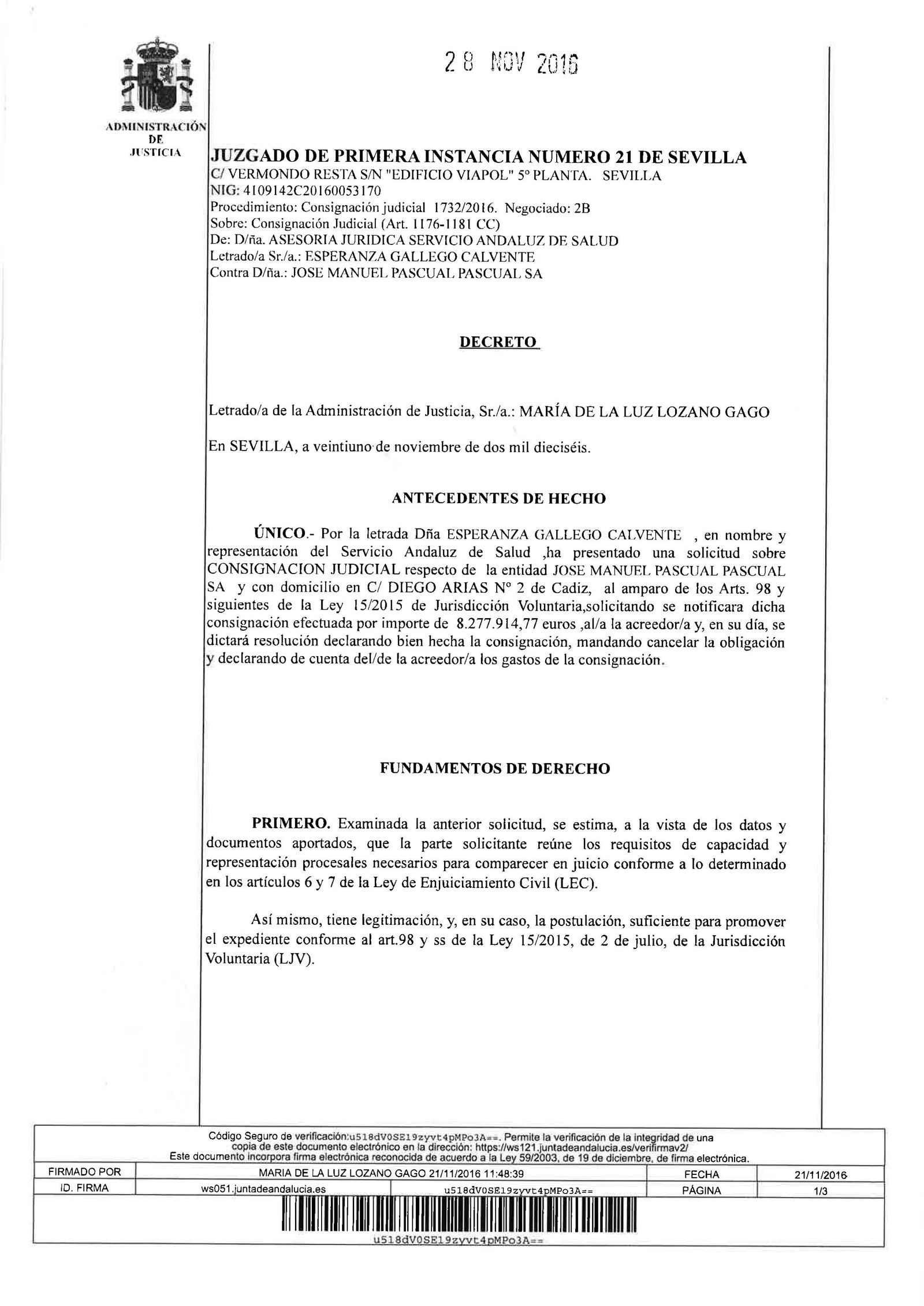 Este documento prueba que la Junta tiene ya consignado ante los jugados los 8 millones de euros.