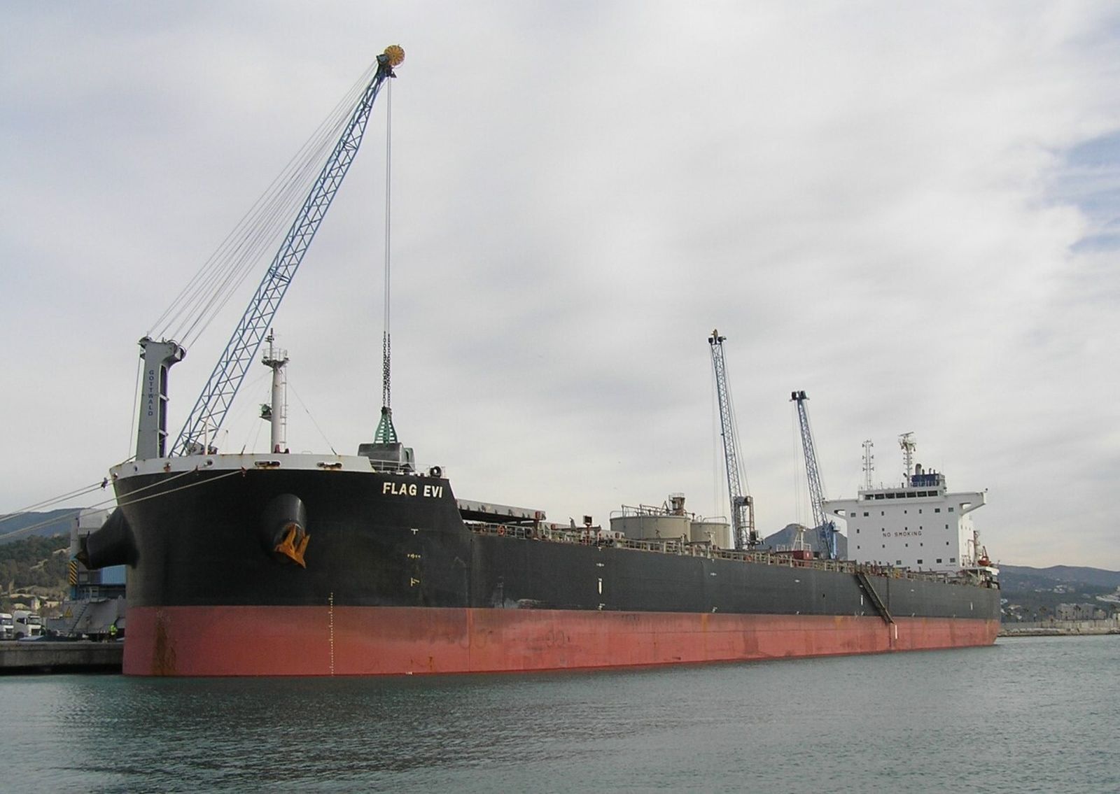 El ‘Flag Evi’ descargando harina de soja en el muelle número siete del puerto de Málaga.