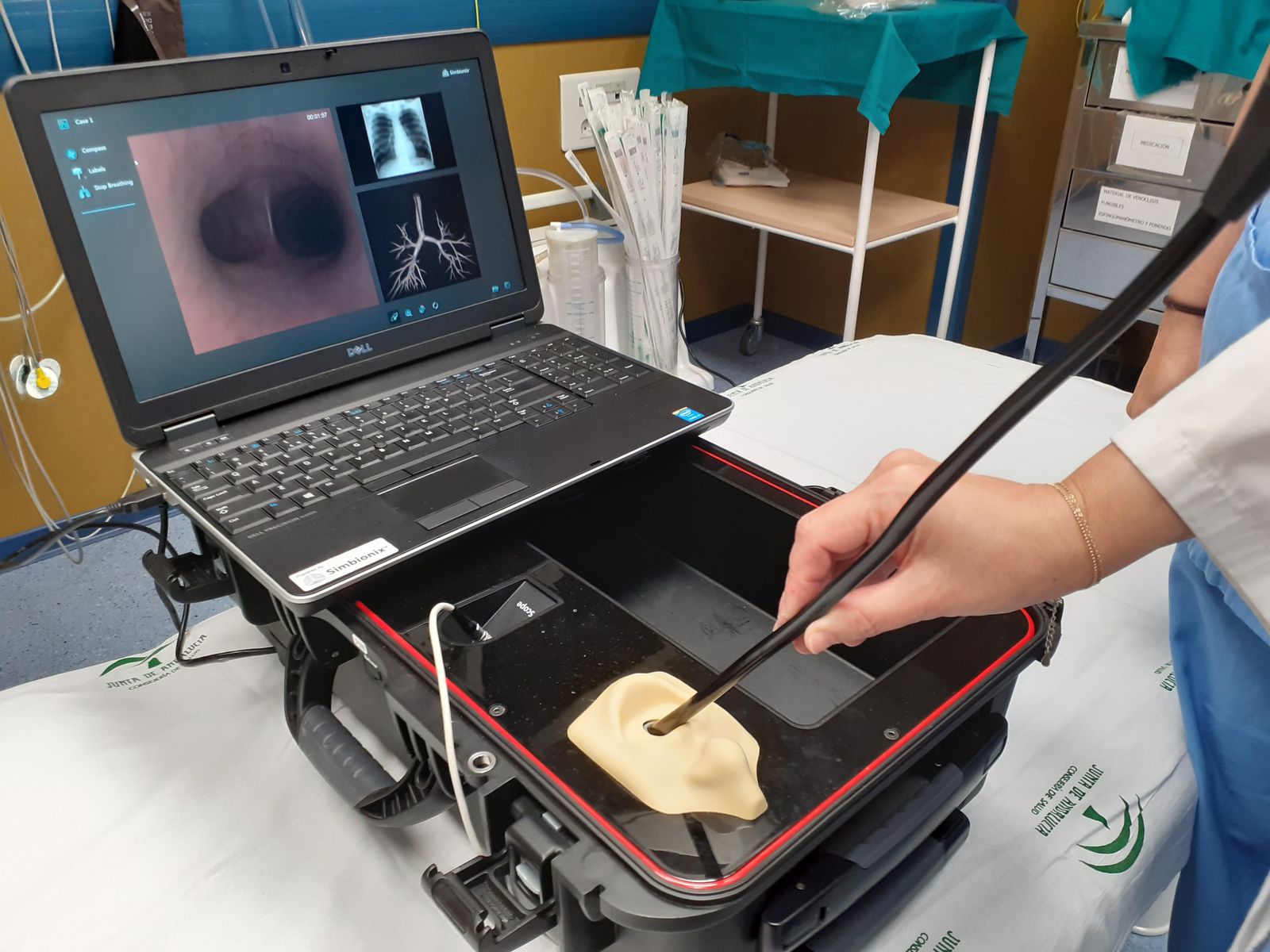 Profesionales sanitarios del Hospital Macarena utilizando el simulador de broncoscopia.