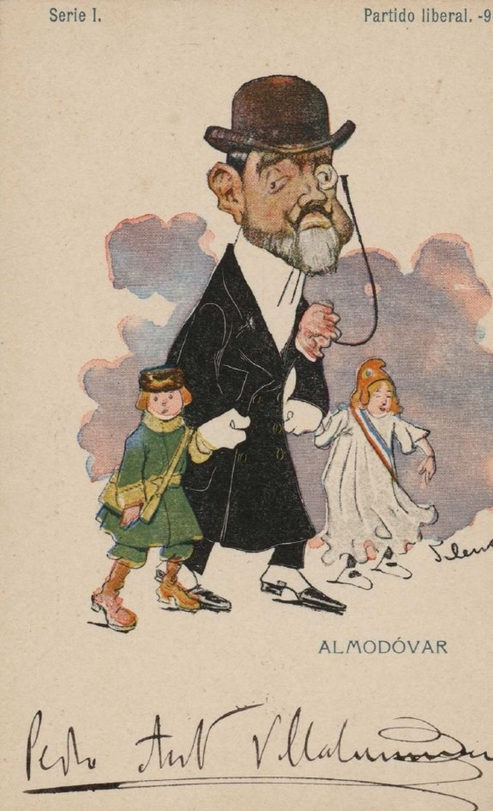 Caricatura de Sileno, en una postal de serie sobre políticos.