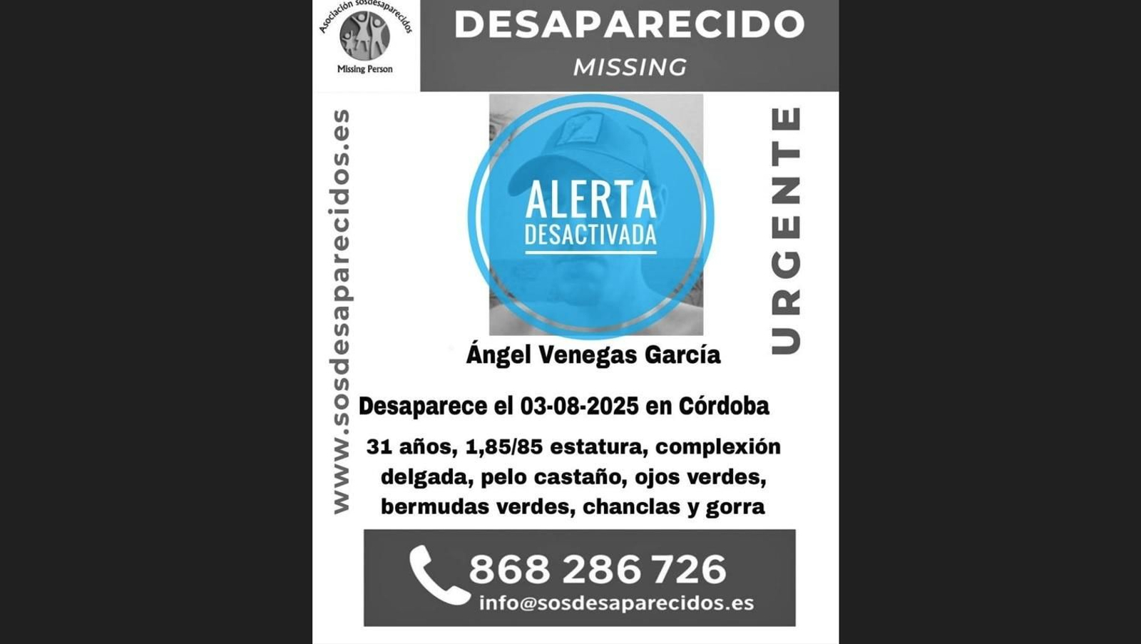 Localizado en buen estado el hombre de 31 años desaparedido en Córdoba.