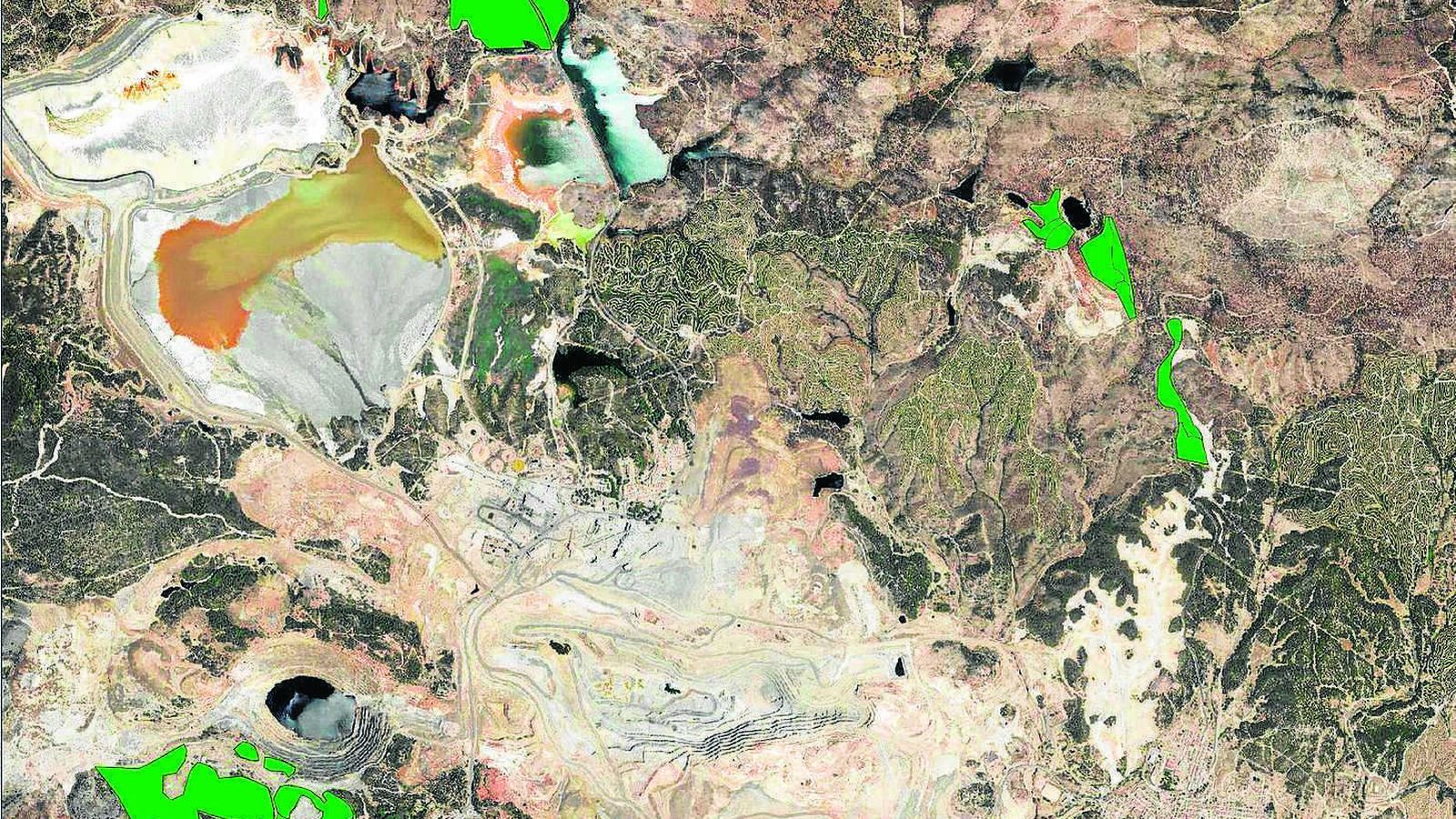 Plano con áreas destacadas donde Atalaya ha llevado a cabo los planes de restauración en terrenos calcinados.