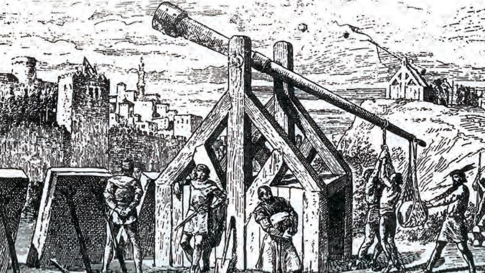 Grabado de varios trabucos lanzando bolaños sobre una ciudad sitiada