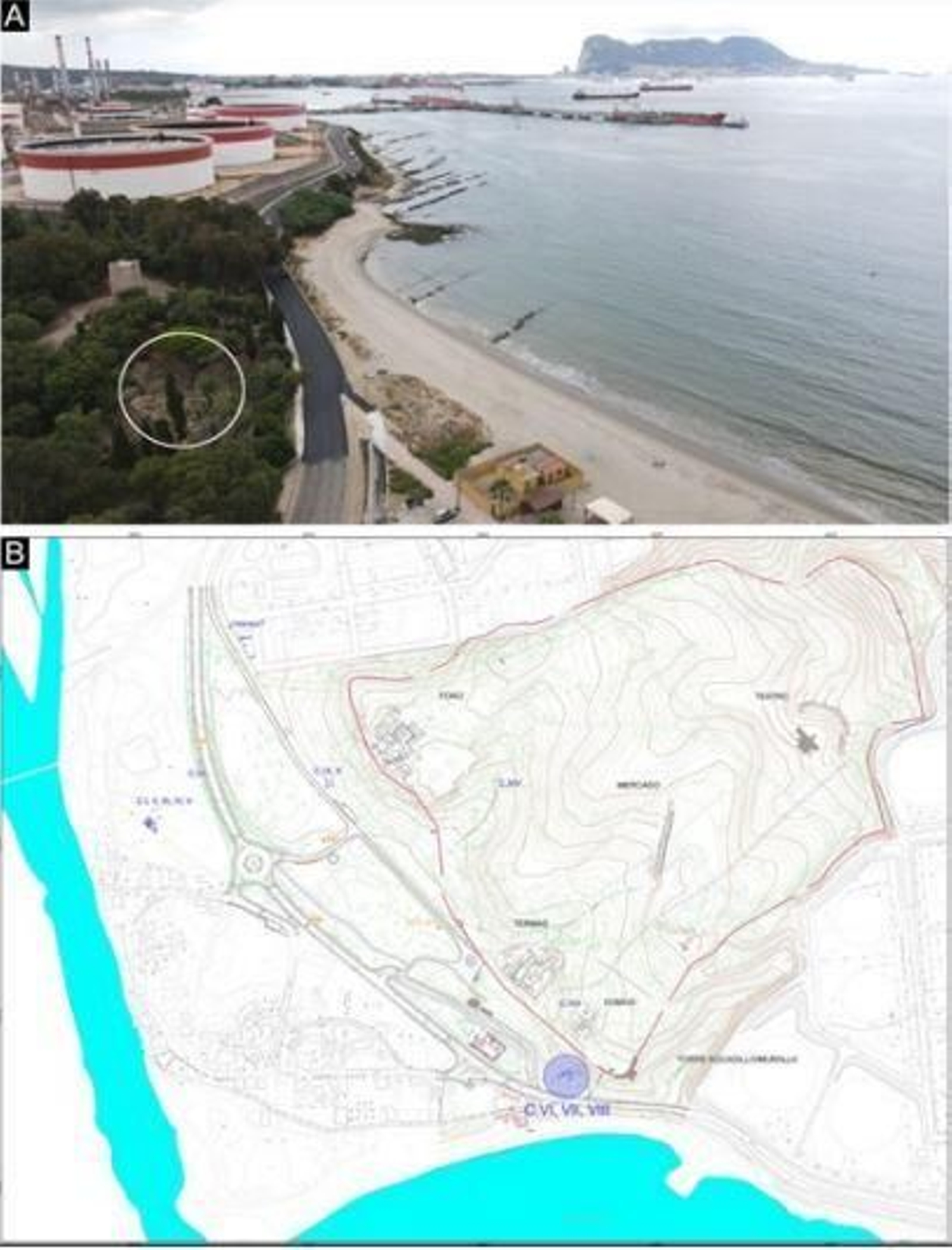 (A), vista aérea de la bahía de Algeciras,  con el peñón de Gibraltar, las refinerías y el extremo  meridional de Carteia (debajo, a la izquierda), donde se  observa la torre del Rocadillo y se señaliza con un círculo  blanco la localización de los talleres salazoneros del  Jardín Romántico. Debajo (B), planimetría de Carteia con  la indicación de los talleres salazoneros de la ciudad, y  señalizada en círculo azul la ubicación de los talleres del  Jardín Romántico (C-VI, VII y VIII).