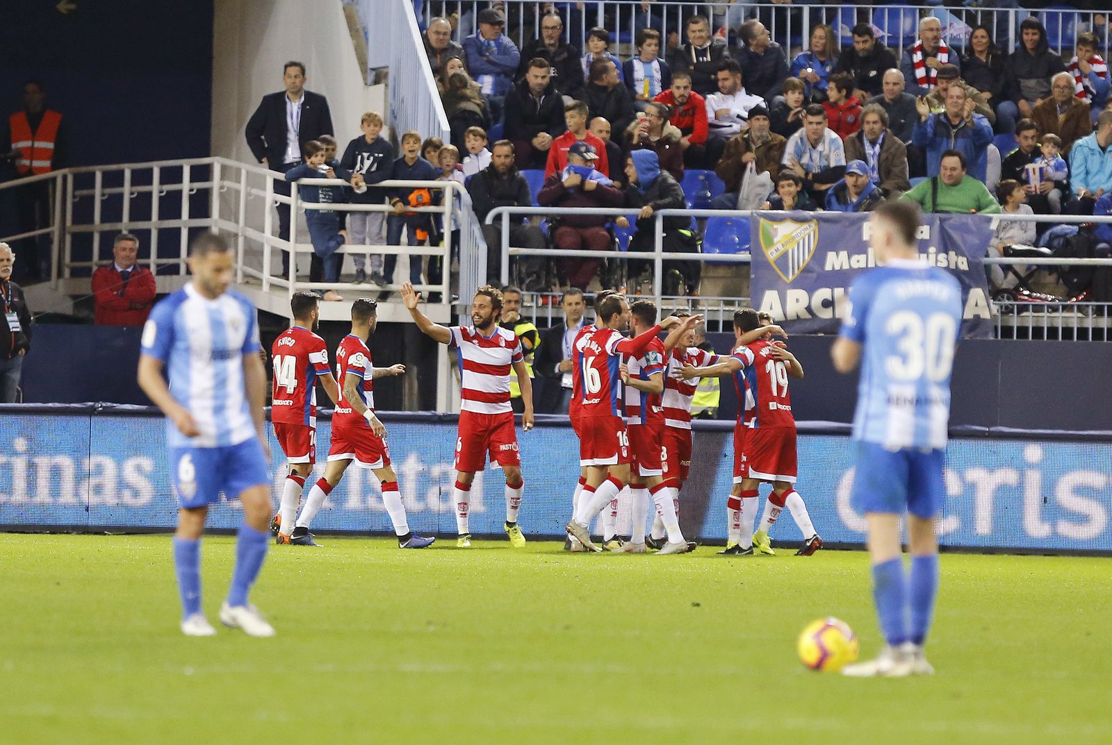 El Granada celebra su gol al Málaga en La Rosaleda.