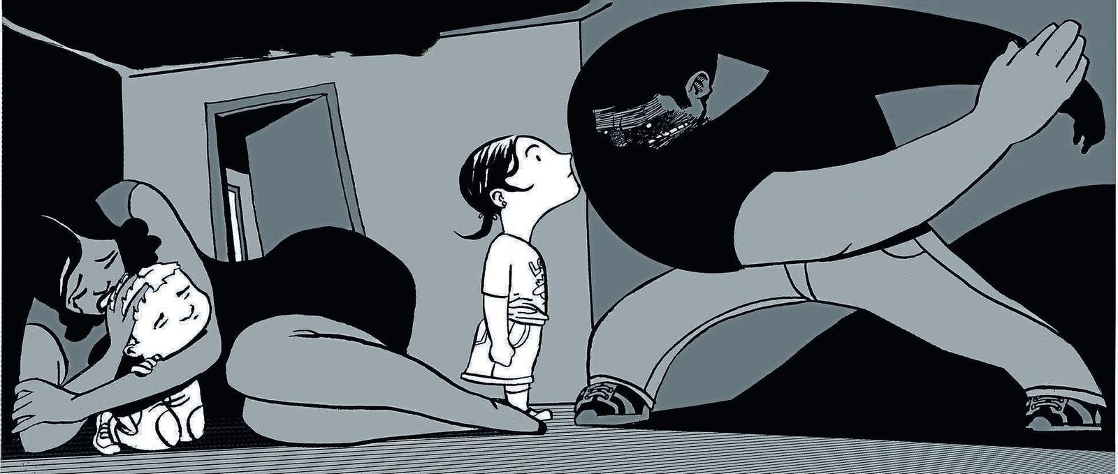 Una mujer sostiene a su hijo  en brazos en una ilustración