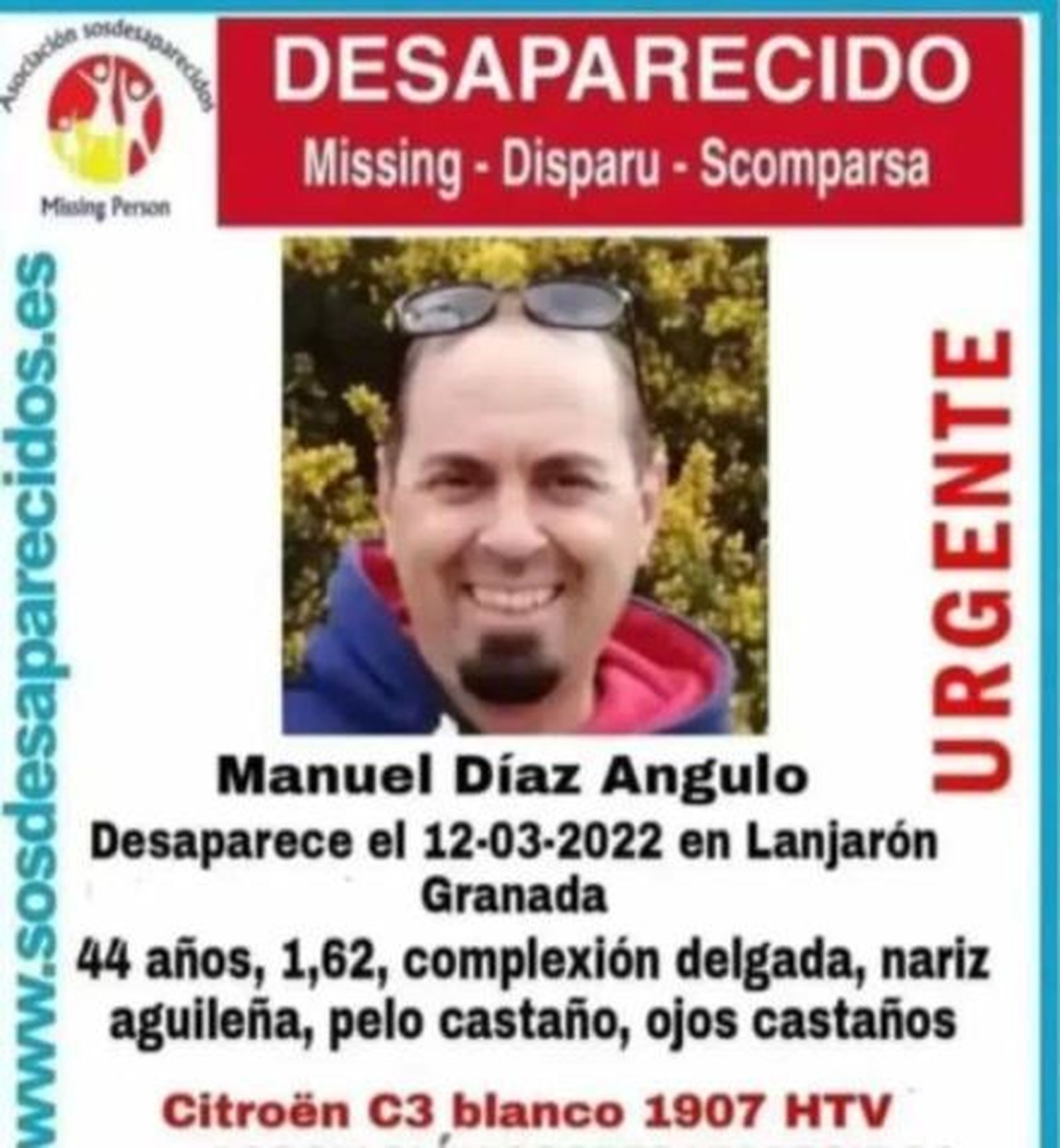 Alerta realizada por SOS Desaparecidos sobre Manuel díaz Angulo.