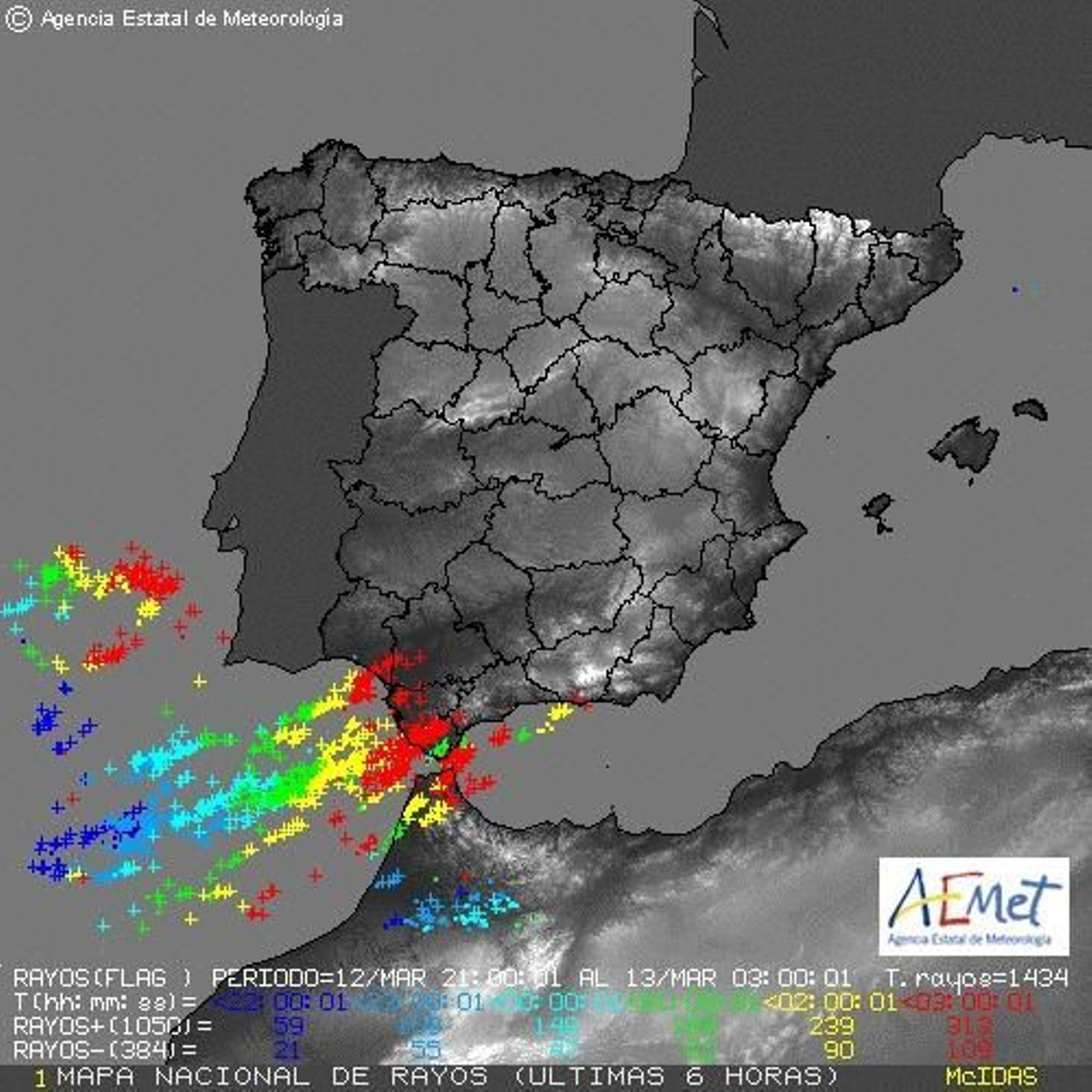 Mapa de rayos registrados en Cádiz este madrugada. Mapa de rayos registrados en Cádiz este madrugada.