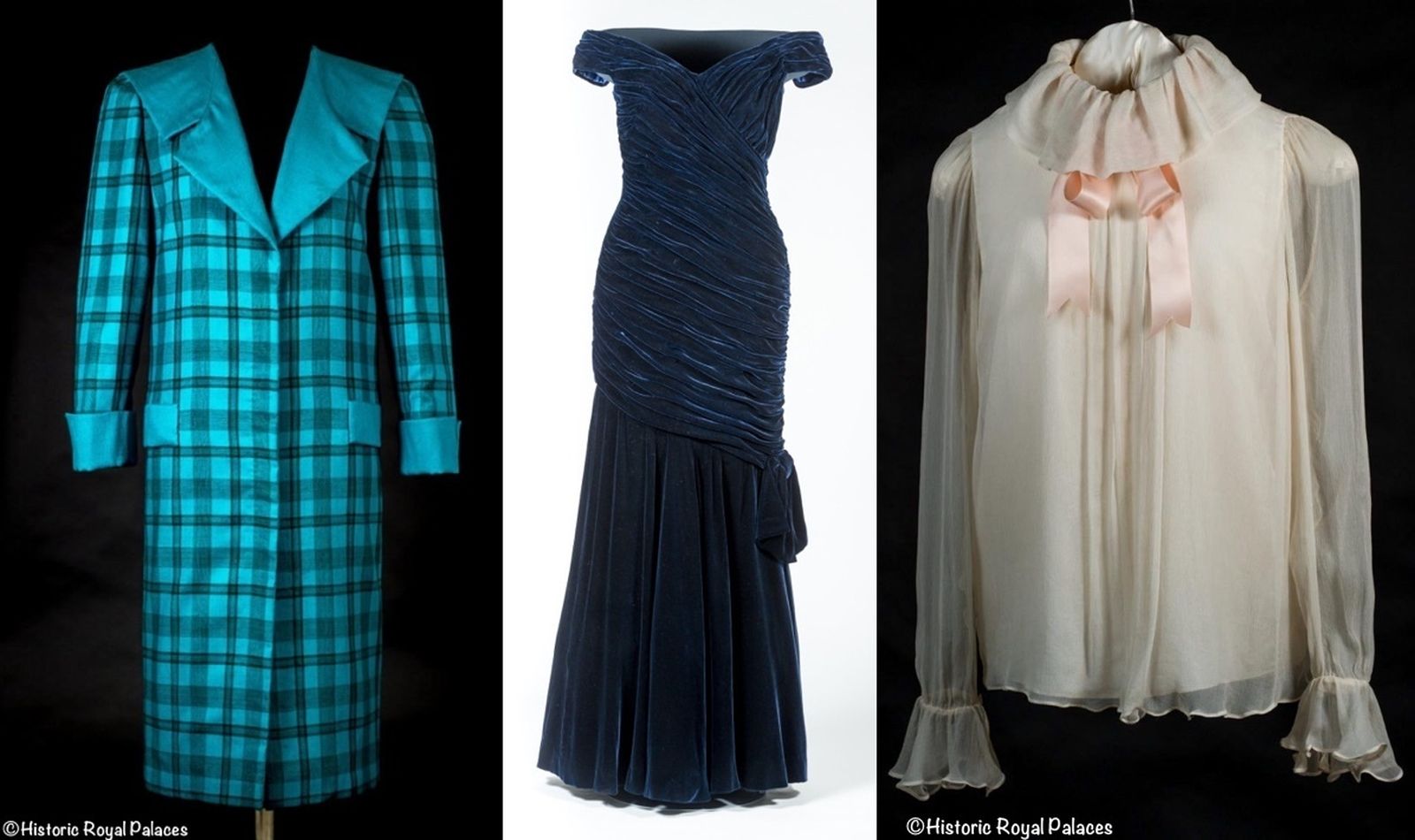 1. El abrigo que lució en 1985 en una visita a Venecia, junto al vestido con el que bailó con John Travolta en la Casa Blanca y la blusa que llevó en su pedida de manos. 2. La foto de la princesa que fue portada de Harper's Bazaar y el traje de Valentino que lucía en ella. 3. Portadas de revistas 4. Varios vestidos de gala 5. El diseño de Catherine Walker con el que deslumbró en un viaje oficial a Australia.