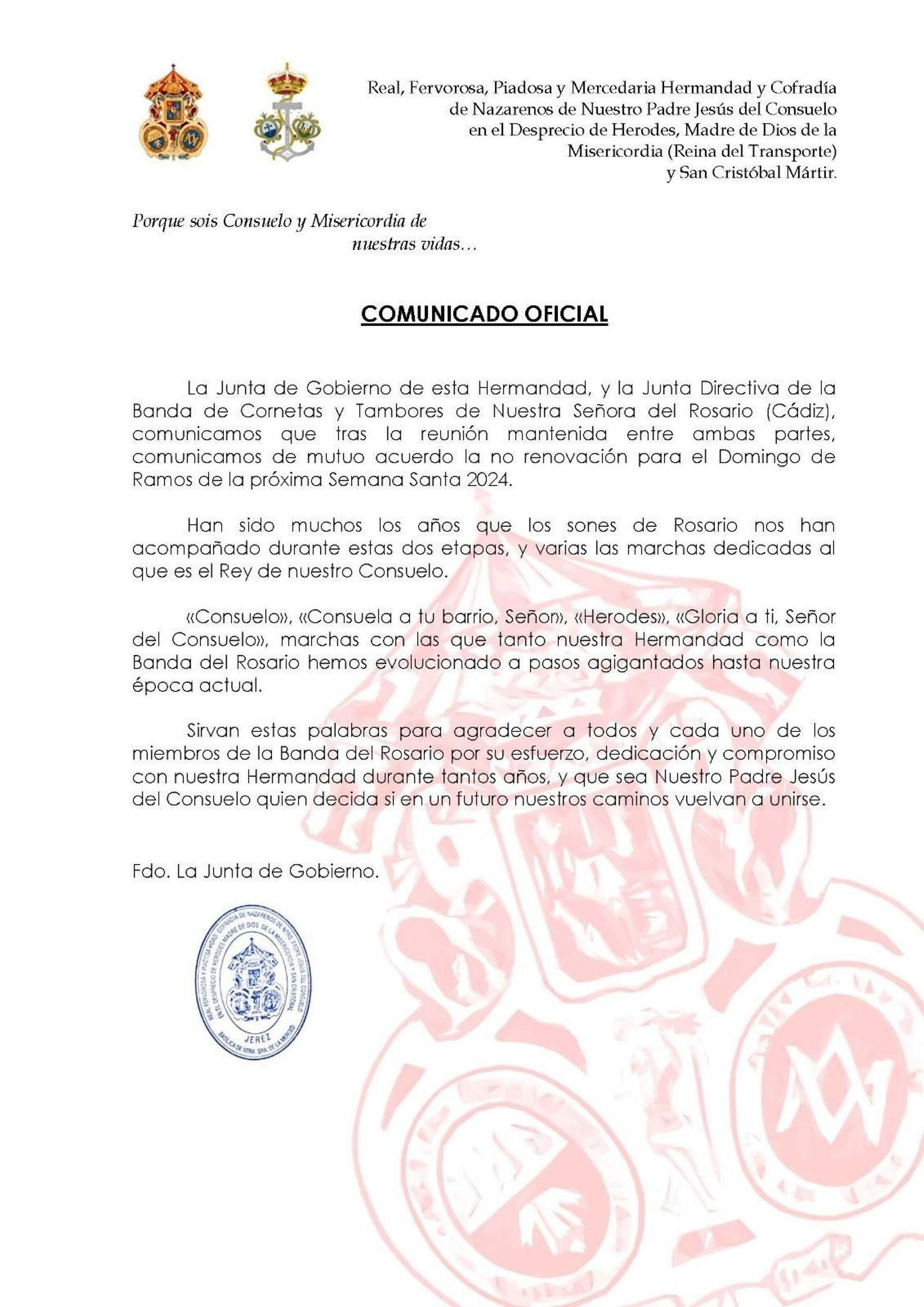 Comunicado de la hermandad del Transporte