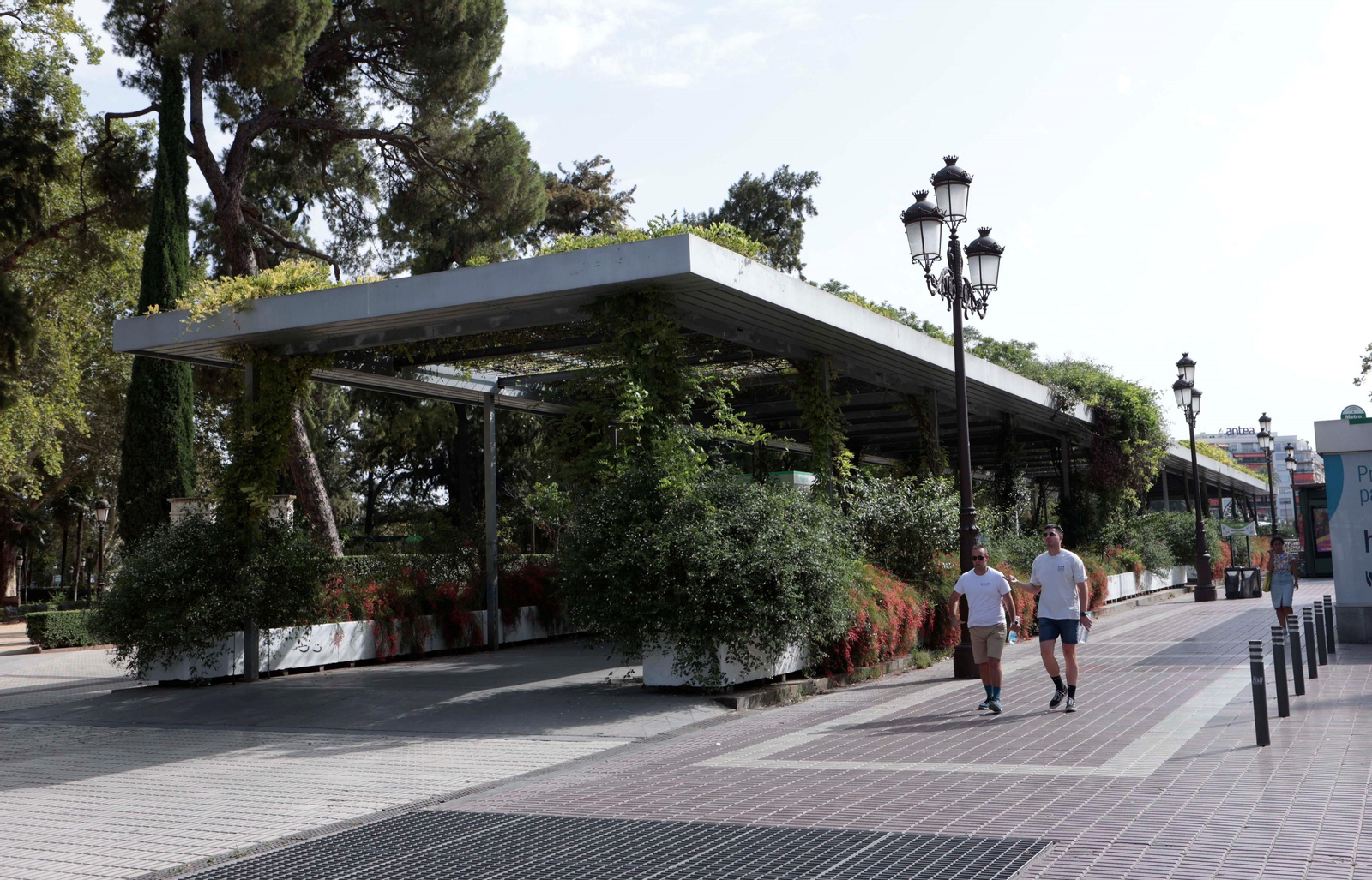 Varias personas ayer en el Paseo de Cristina, que se encuentra junto a la emblemática Puerta de Jerez.
