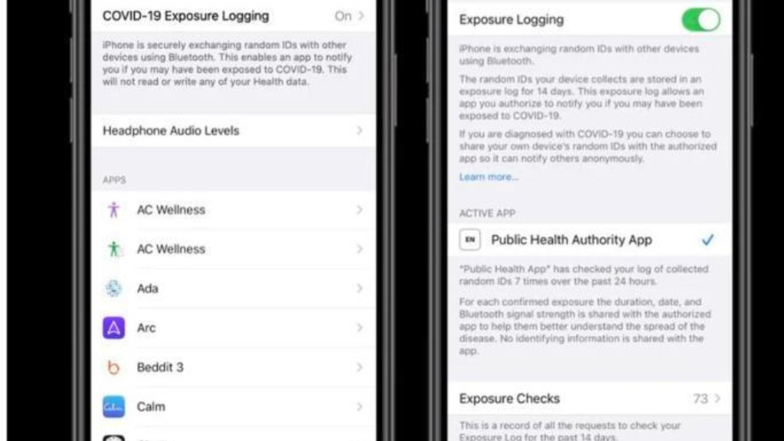 Capturas de pantalla de la aplicación contra el coronavirus de Apple
