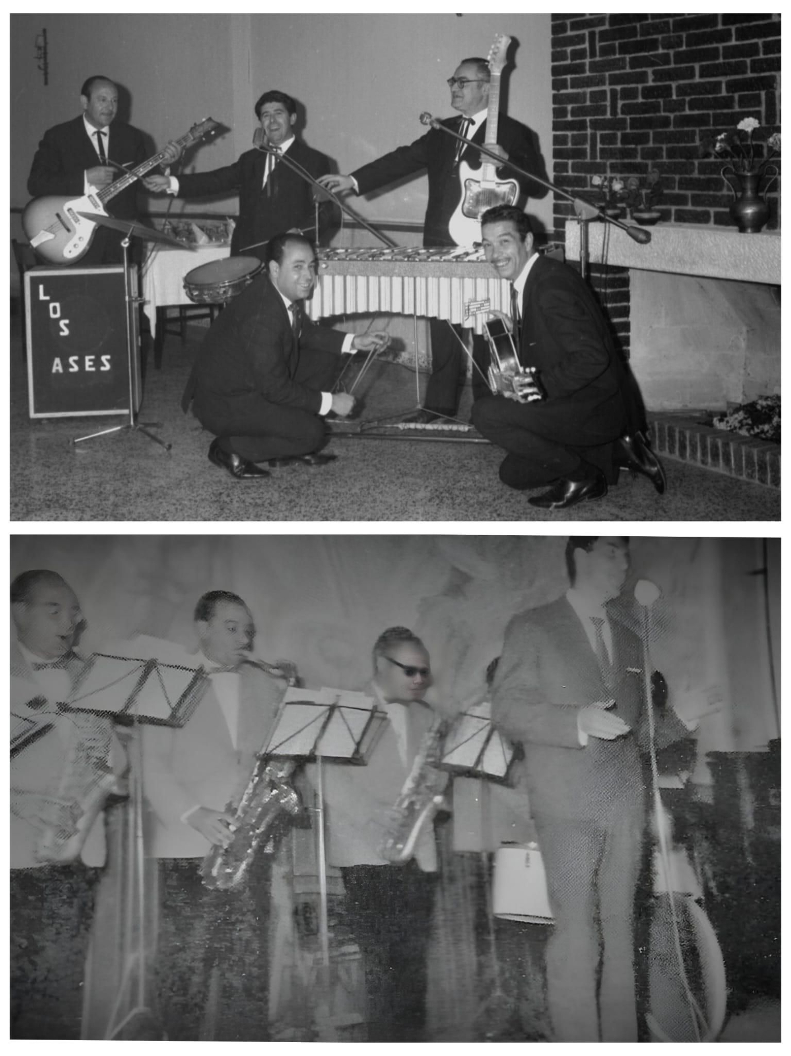 Arriba: Los Ases - Juan Cuadrado (bajo, a la izquierda) y Juan Aguilera (cantante, delante a la derecha).  Abajo: Orquesta Sahara - En una gala benéfica con Manuel Armenteros y Amador Cantero, acompañados por Teudiselo Gómez en la voz.