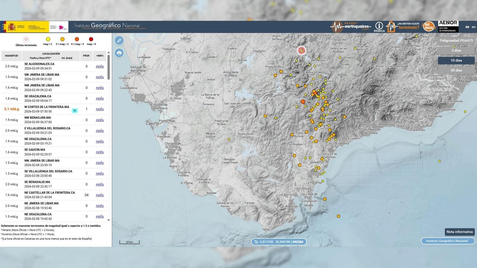 Sucesión de pequeños terremotos registrada en los últimos diez días en el sur de Andalucía.