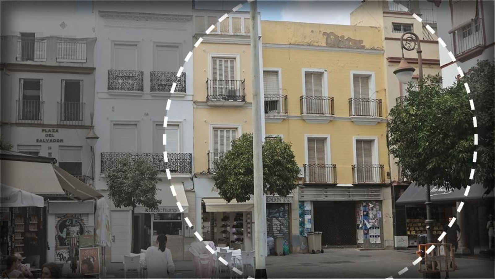 El edificio de la Plaza del Salvador que acogerá apartamentos turísticos con piscina.