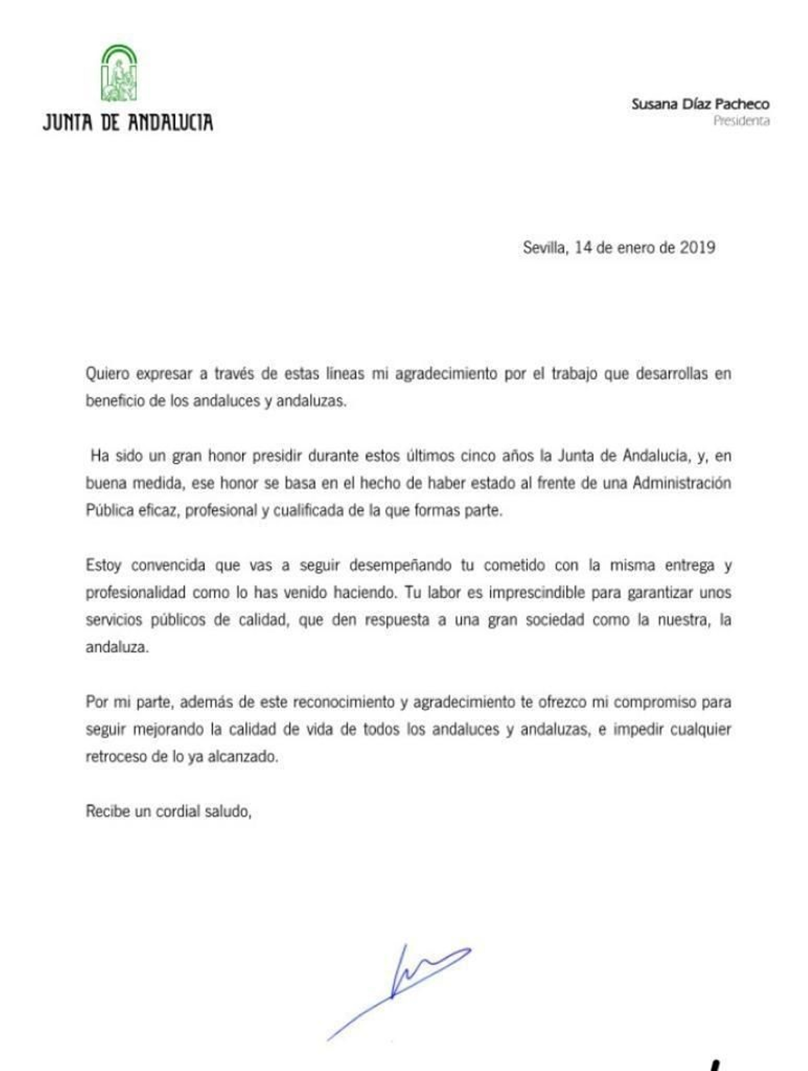 Carta de Susana Díaz a los trabajadores de la Junta de Andalucía