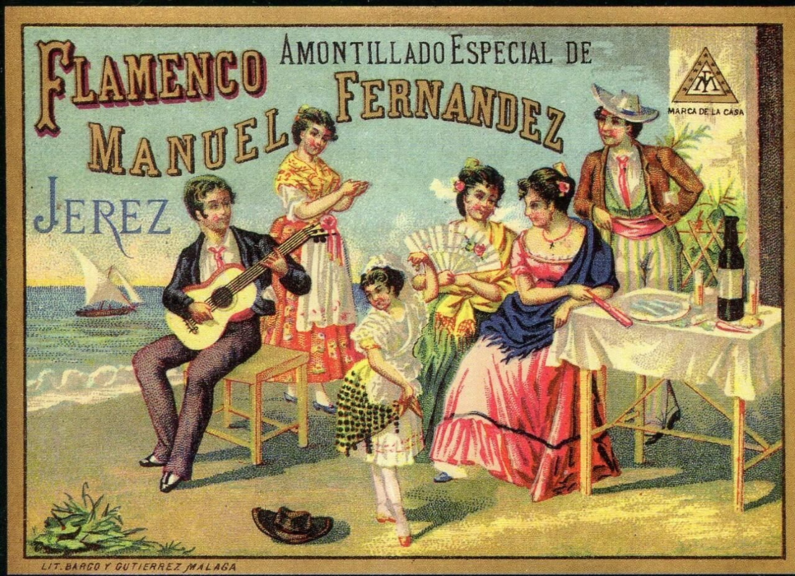 Escena festiva flamenca en una etiqueta de finales del XIX.