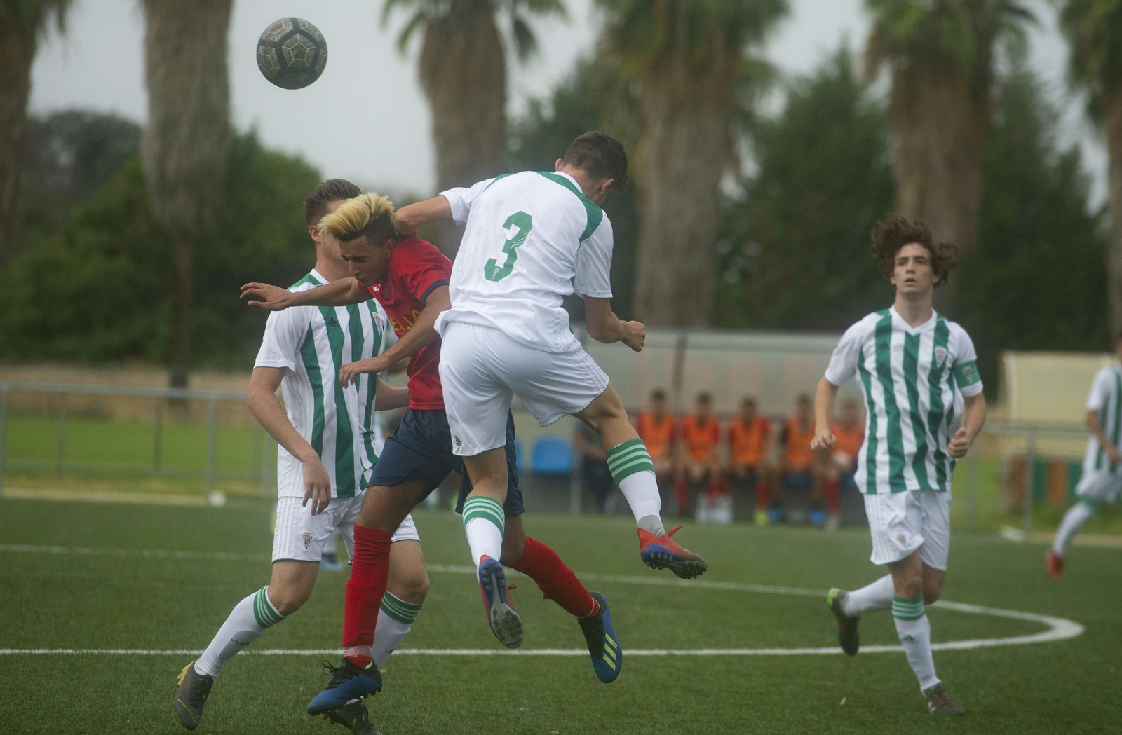 Varios jugadores del Córdoba disputan un balón aéreo con un rival.