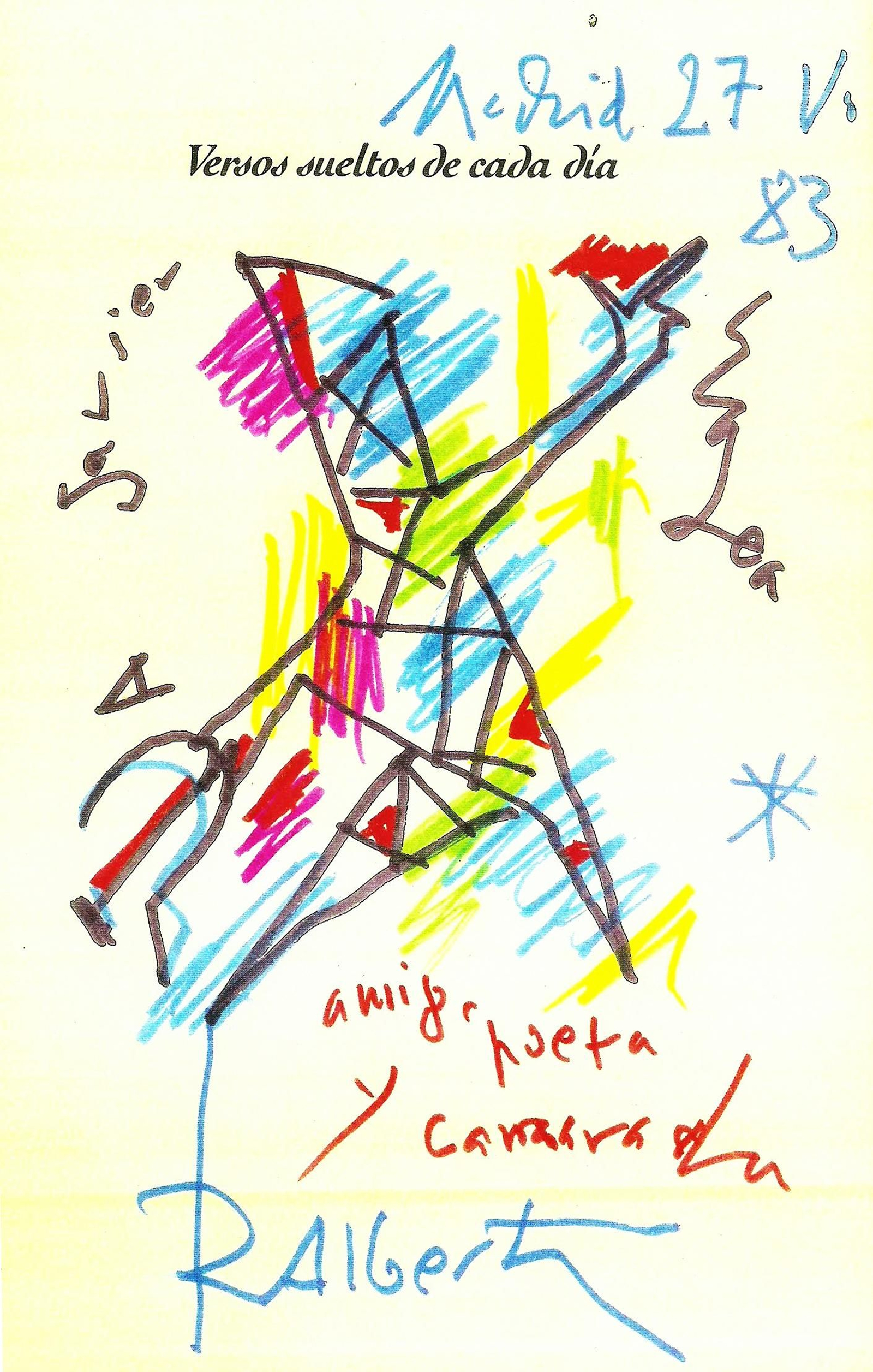 Firma de Rafael Alberti en un dibujo para su "amigo, poeta y camarada".