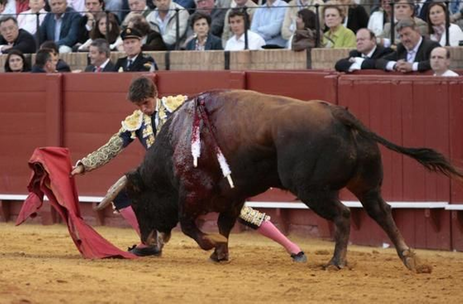 Tendero se agacha con la muleta.

Foto: Juan Carlos Muñoz