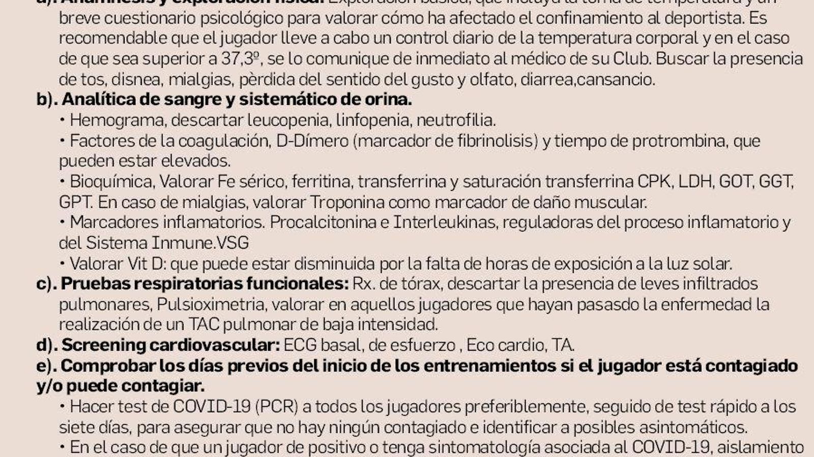 Recomendaciones de la RFEF para el control médico de futbolistas y técnicos.