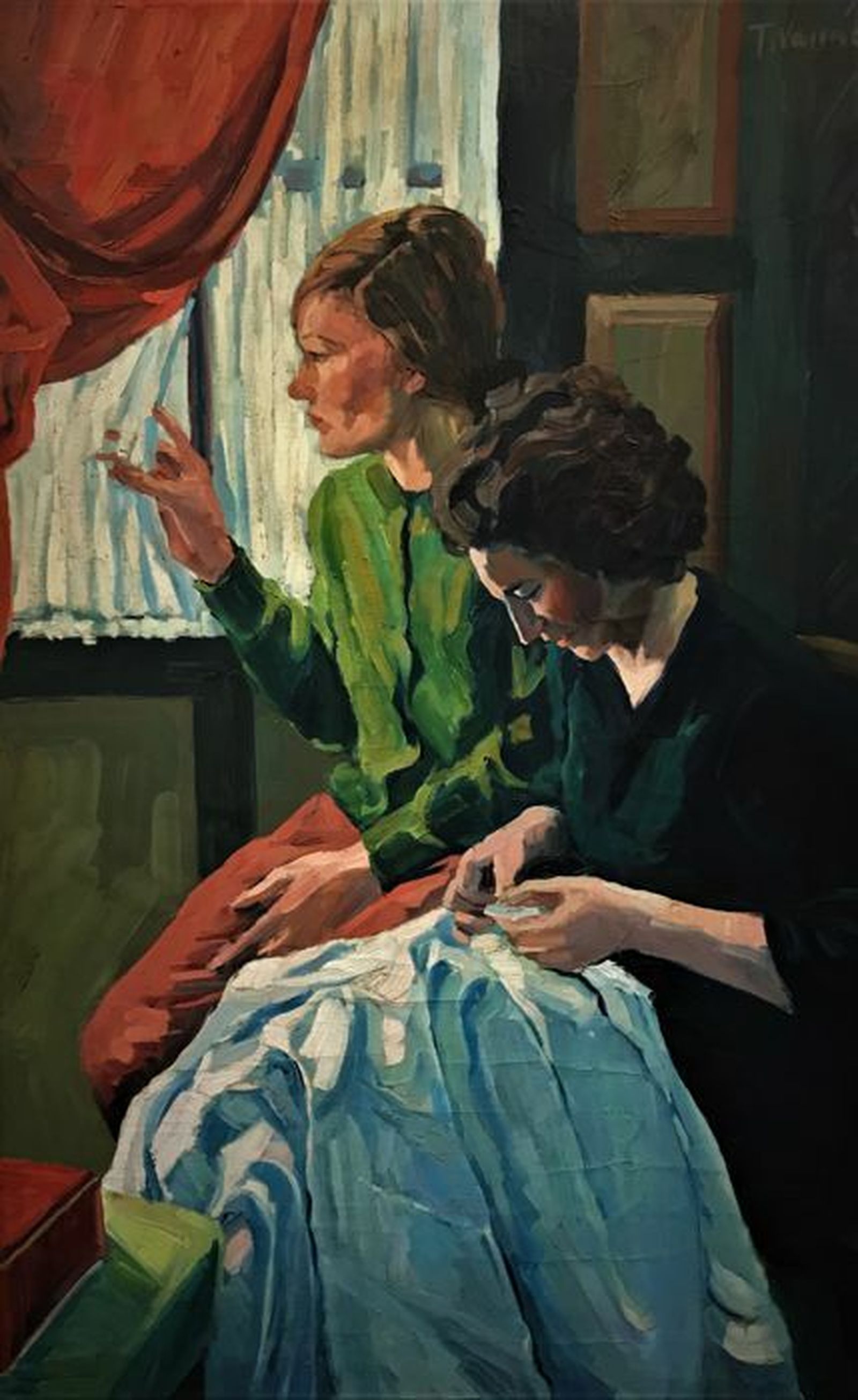 Detalle de 'Bordadoras', óleo de Torres Narváez.