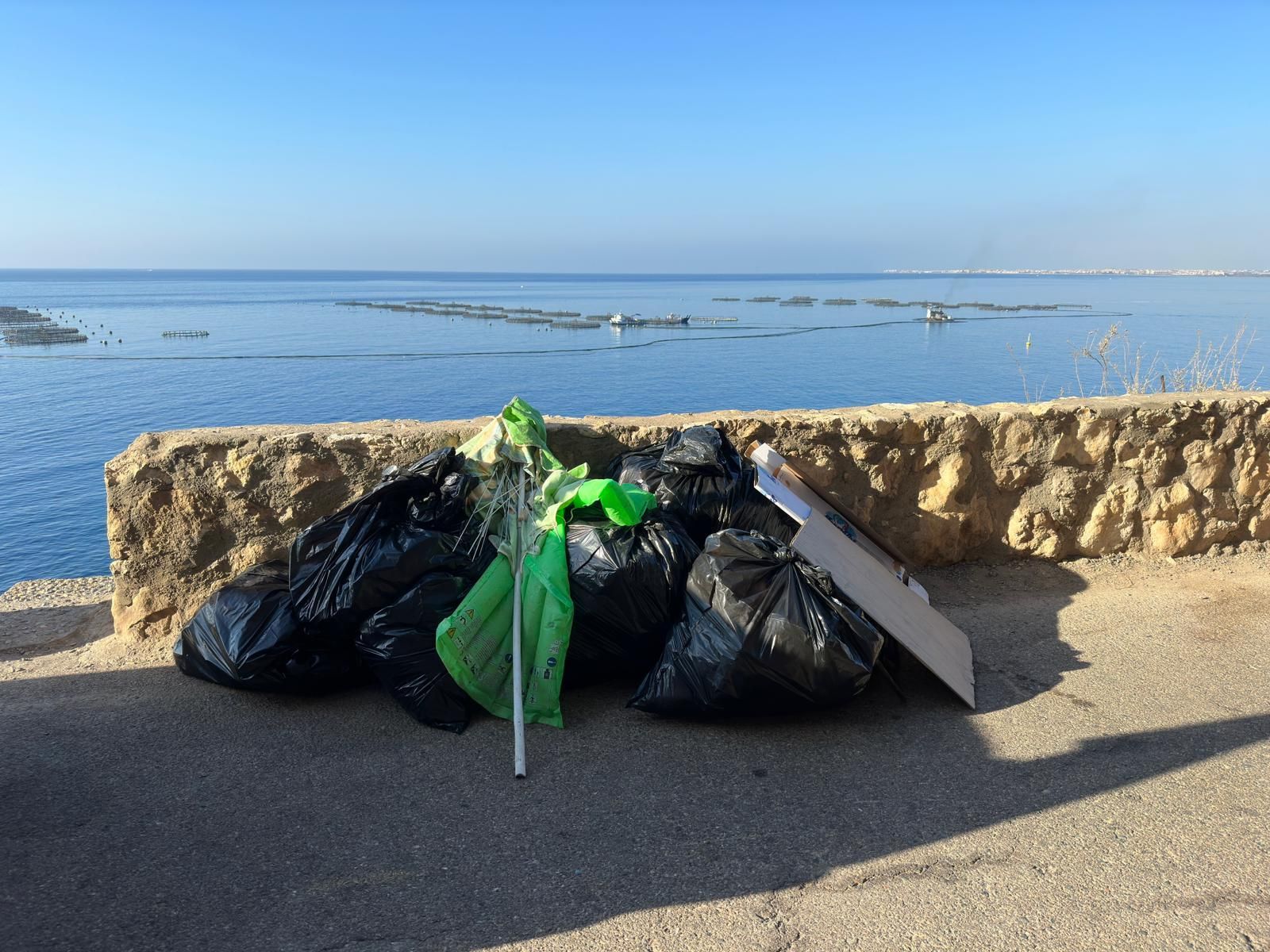 Bolsas de basura recogidas en las calas de El Palmer este lunes.