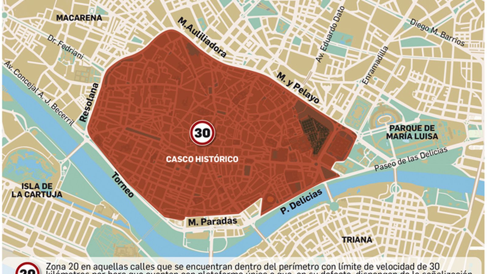 Delimitación de la zona 30 y zona 20 en el casco histórico de Sevilla.