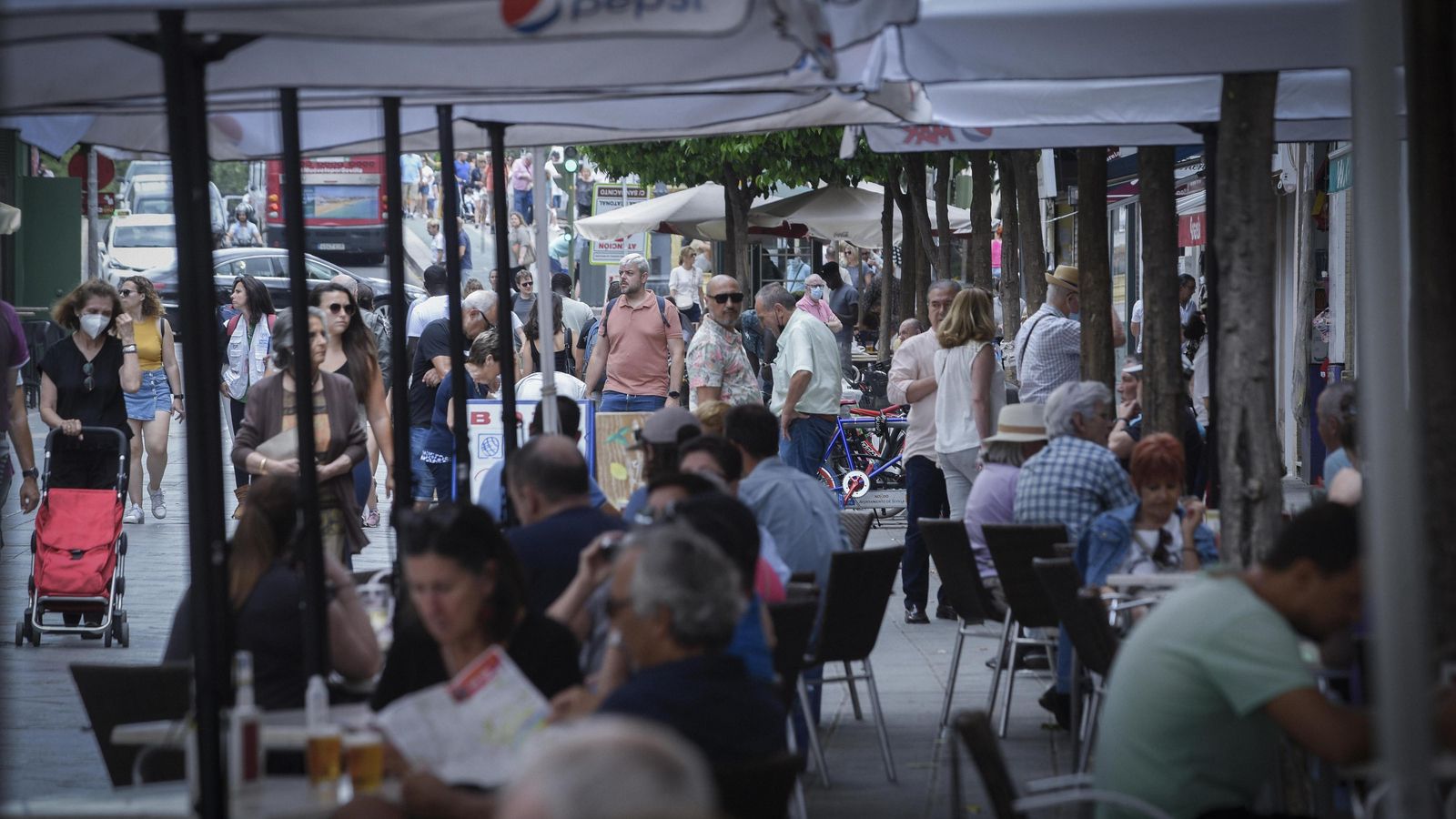 Los veladores ocupan buena parte del ancho de la arteria de Triana.