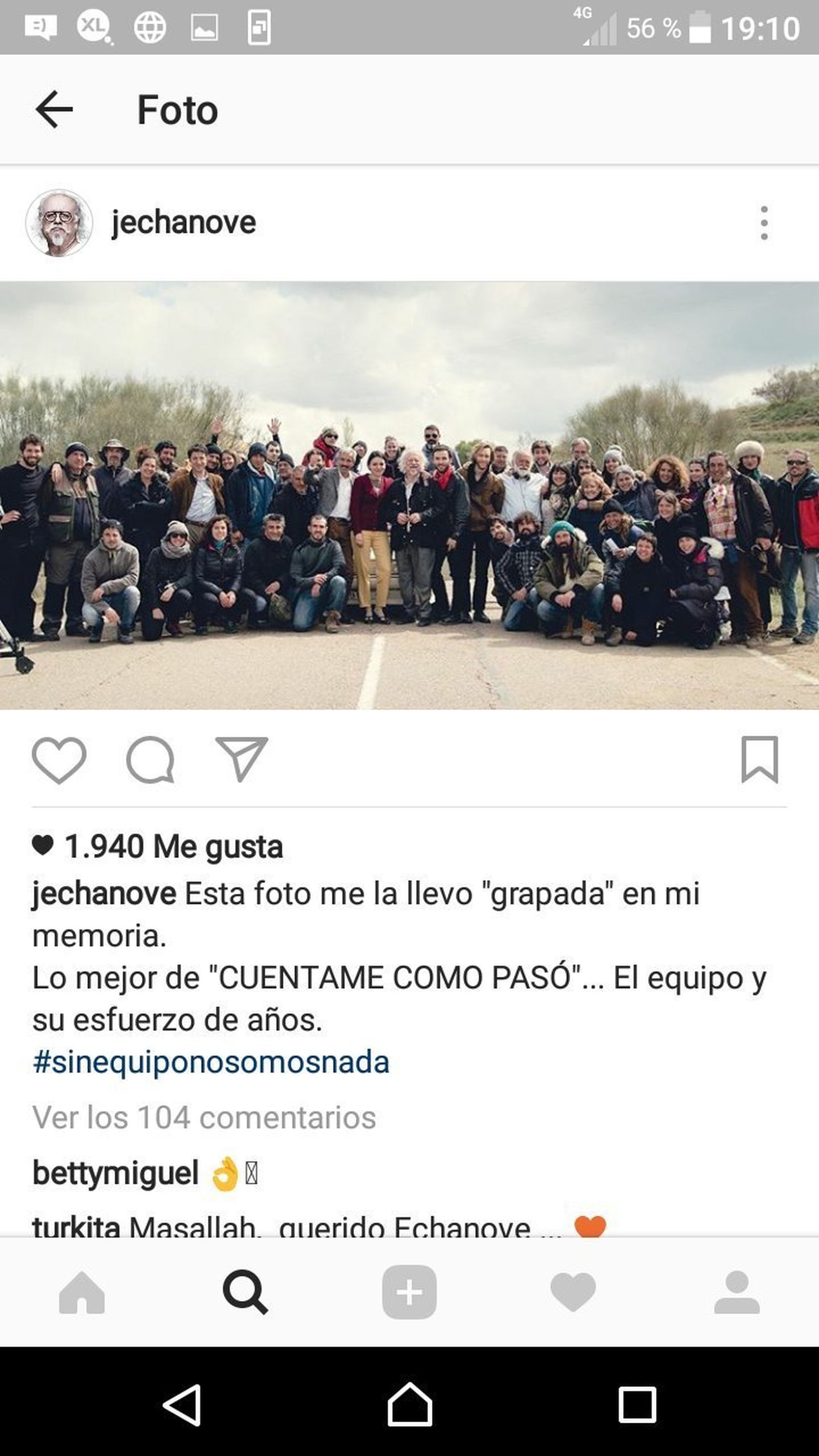 La foto compartida por Juan Echanove en las redes, acompañado por todo el equipo de 'Cuéntame cómo pasó'.