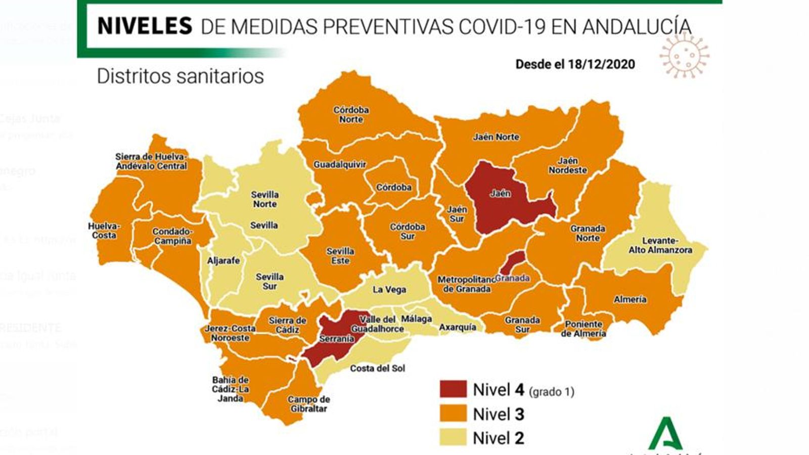 Nuevo mapa de los niveles de alerta en Andalucía, en vigor desde el 18 de diciembre.