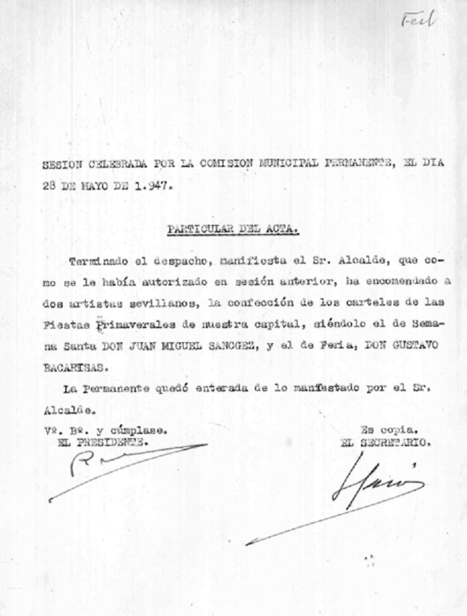 Detalle del encargo para el diseño del cartel de las Fiestas de Primavera de 1947 de Sevilla a Gustavo Bacarisas.
