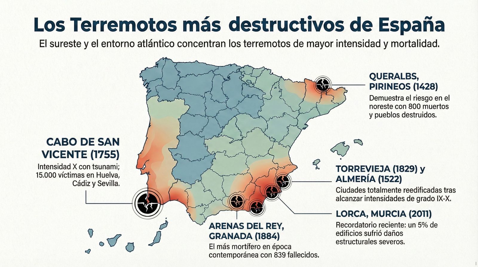 Mapa de los terremotos que azotaron más duramente a España.