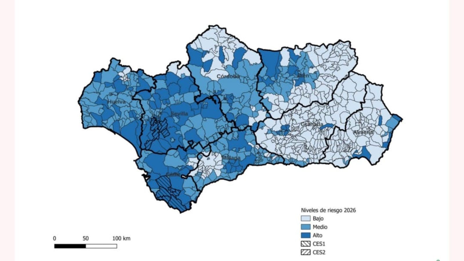 Niveles de riesgo de transmisión de VNO en Andalucía según el último informe de febrero de 2026