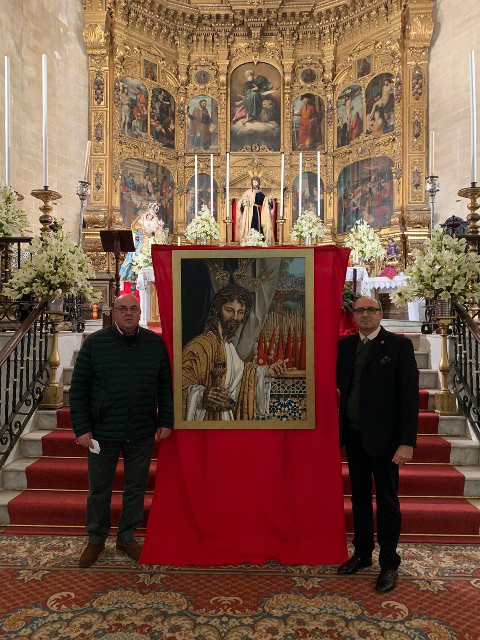 Momento de la presentación de la pintura con Manuel Muñoz Natera y Manuel Salado Argudo. .