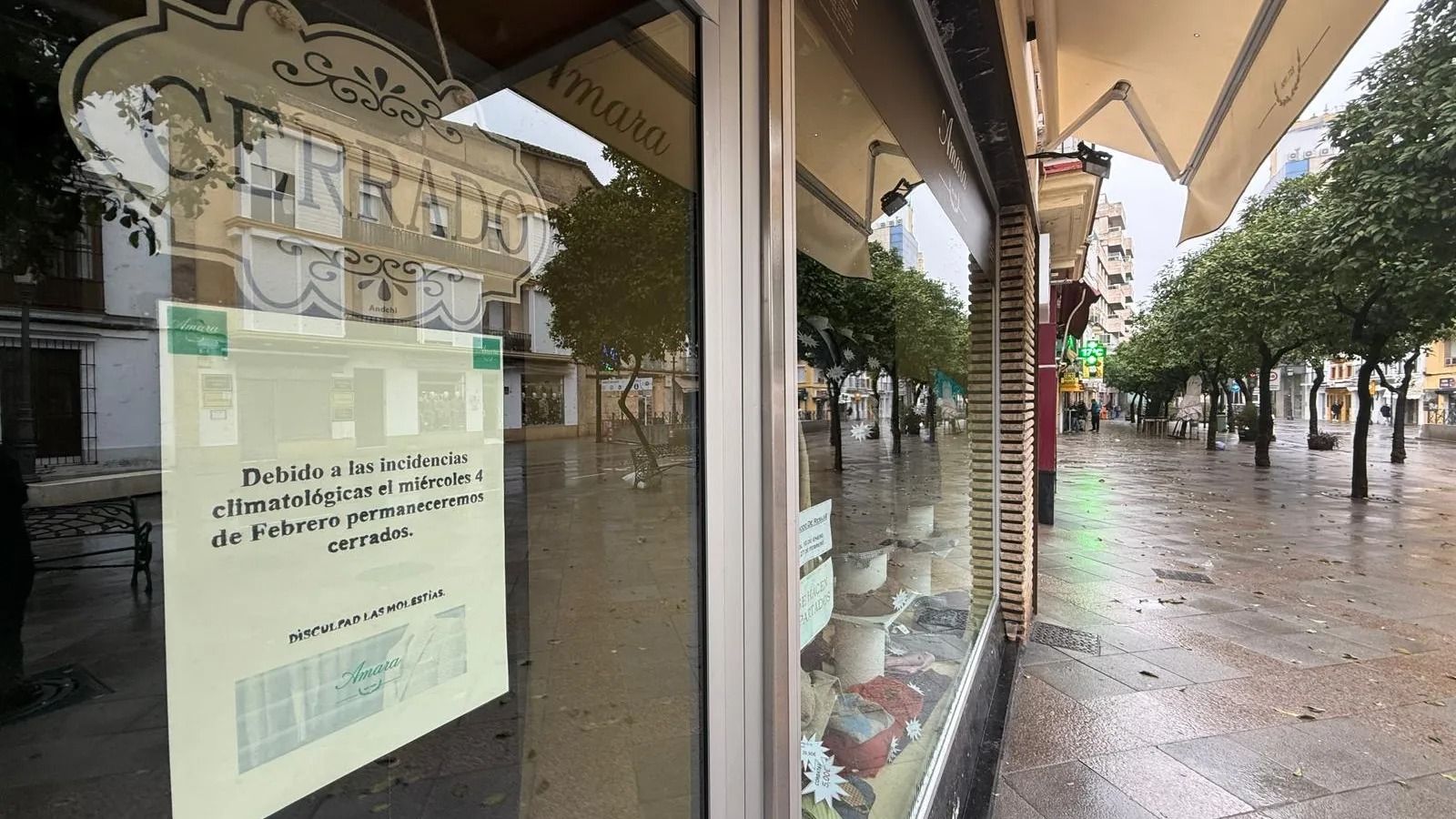 Un comercio del centro de Jerez cerrado la semana pasada durante una de los avisos meteorológicos por la borrasca Leonardo.