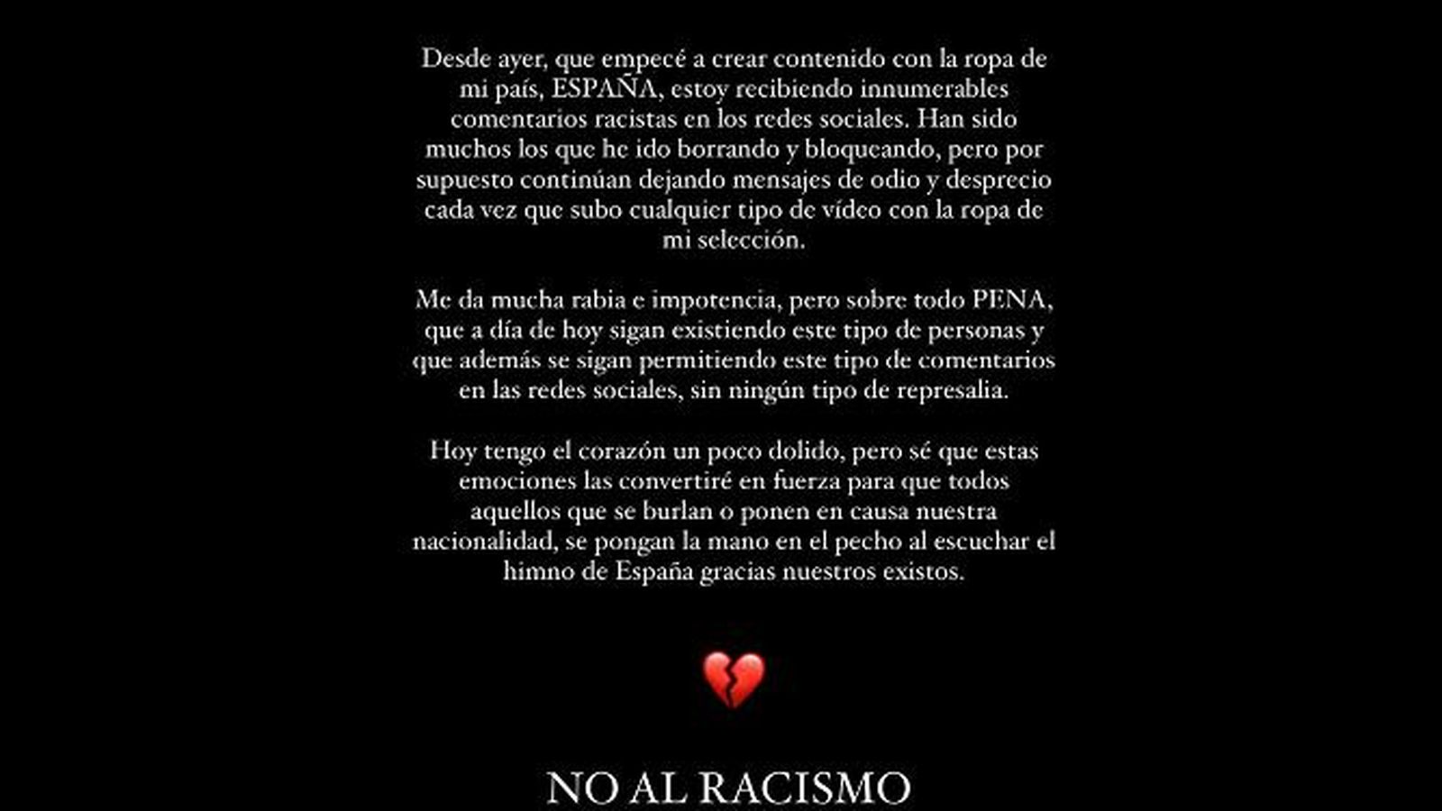 Texto de Ana Peleteiro denunciando el racismo que ha sufrido en redes sociales