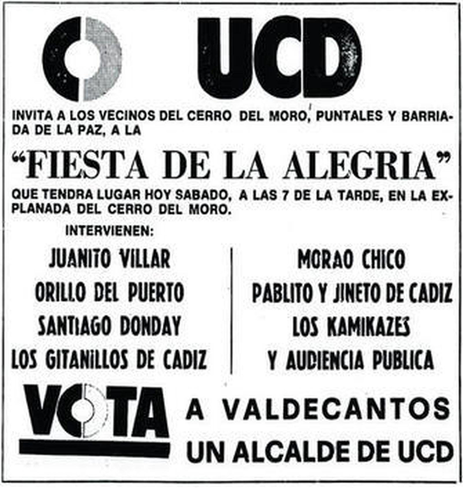 Anuncio de mitin de UCD con actuaciones, entre otras, carnavalescas.