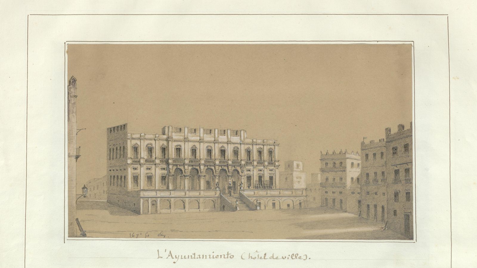 Lámina del Ayuntamiento y la Plaza del Rey, realizada por un soldado francés entre 1823 y 1828.