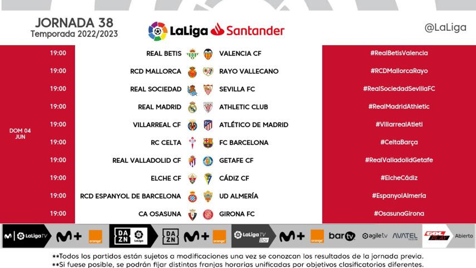 Horarios de la última jornada