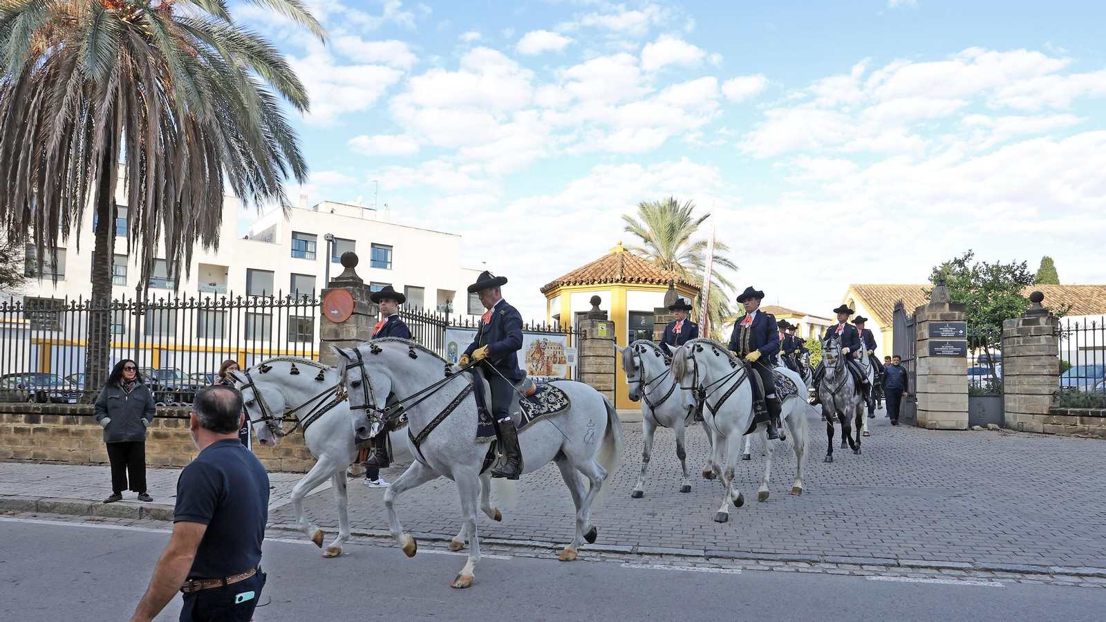 Imágenes de los caballos y jinetes de la Real Escuela hacia el funeral de Álvaro Domecq