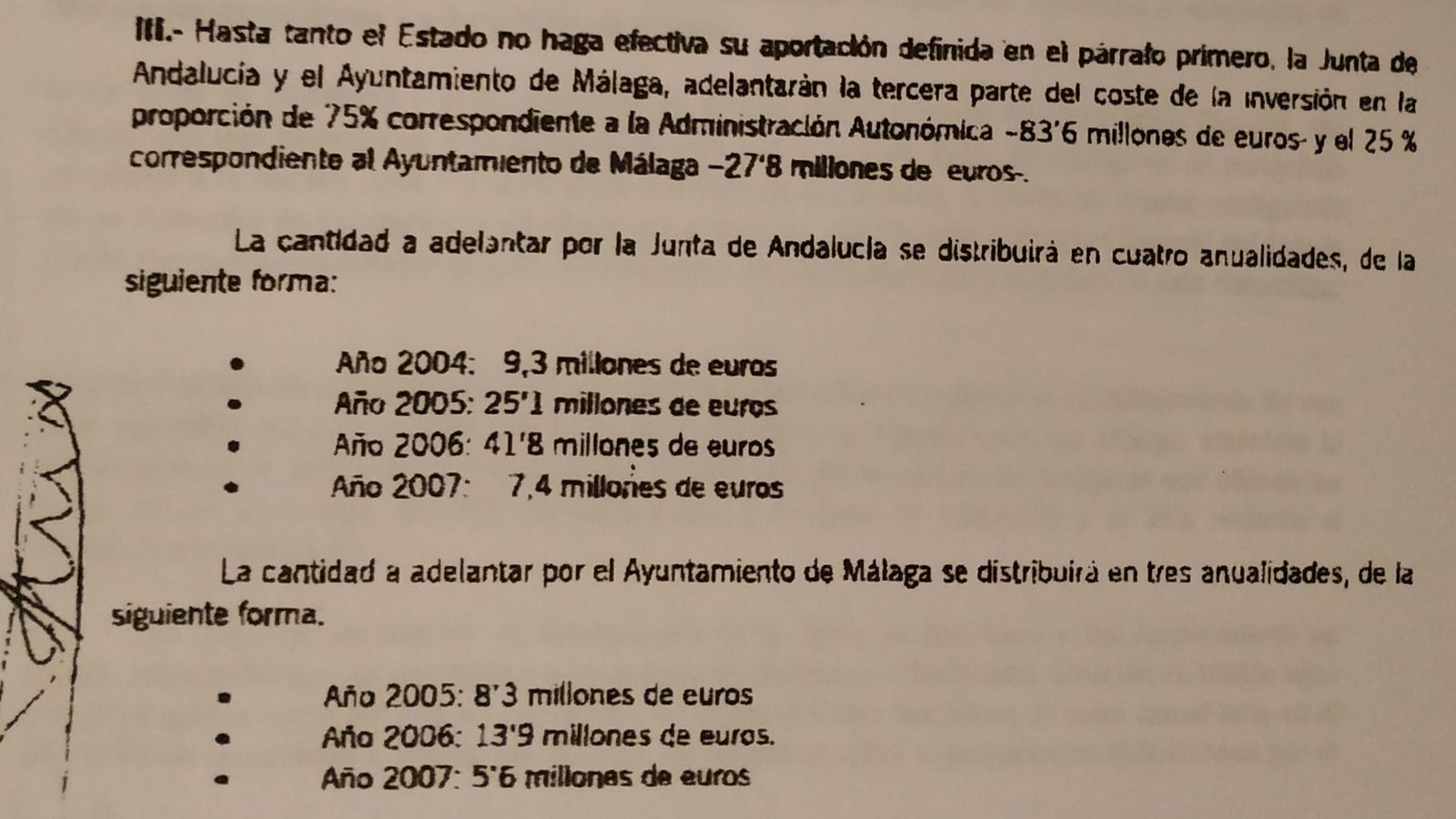 Cláusula del convenio de 2003 donde se recoge el dinero que debe aportar el Ayuntamiento de Málaga a la inversión en obra.