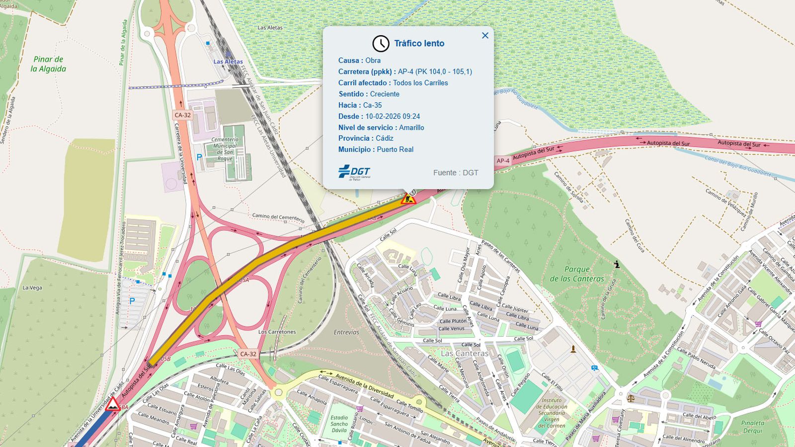 Las obras en la CA-35 están provocando importantes retenciones en el acceso a Cádiz.