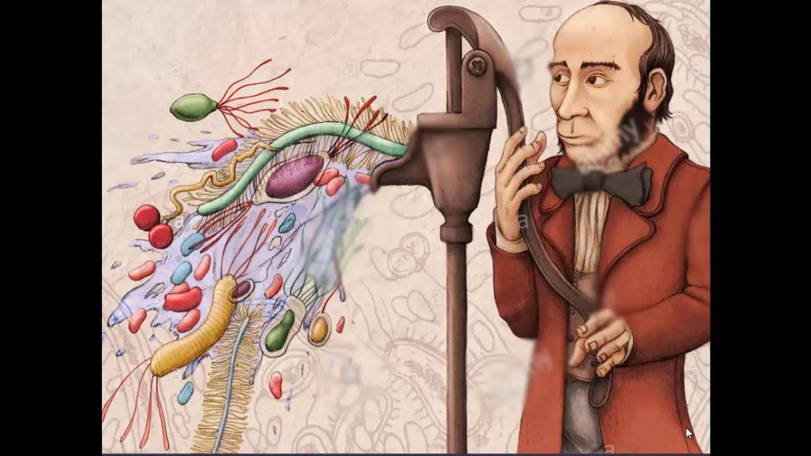 Caricatura del médico John Snow con el tristemente célebre surtidor de agua de Broad Street, un foco de contagio que multiplicó el alcance del brote de cólera en aquel agosto de 1854.