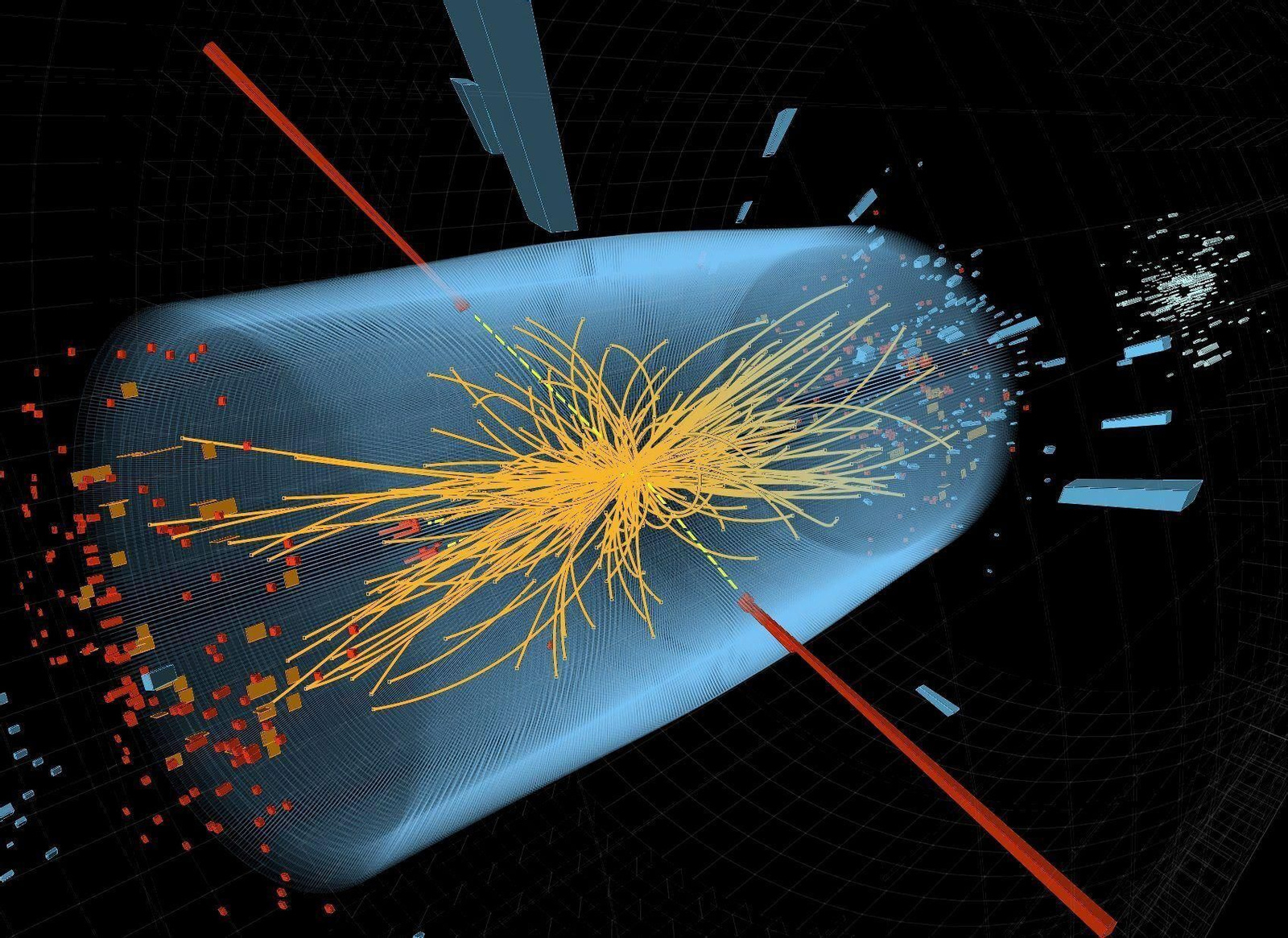 Imagen generada por ordenador y dirtribuida por el Laboratorio Europeo de Física de Partículas (CERN), que muestra una colisión entre protones en el experimento del CERN en busca del Bosón  de Higgs.